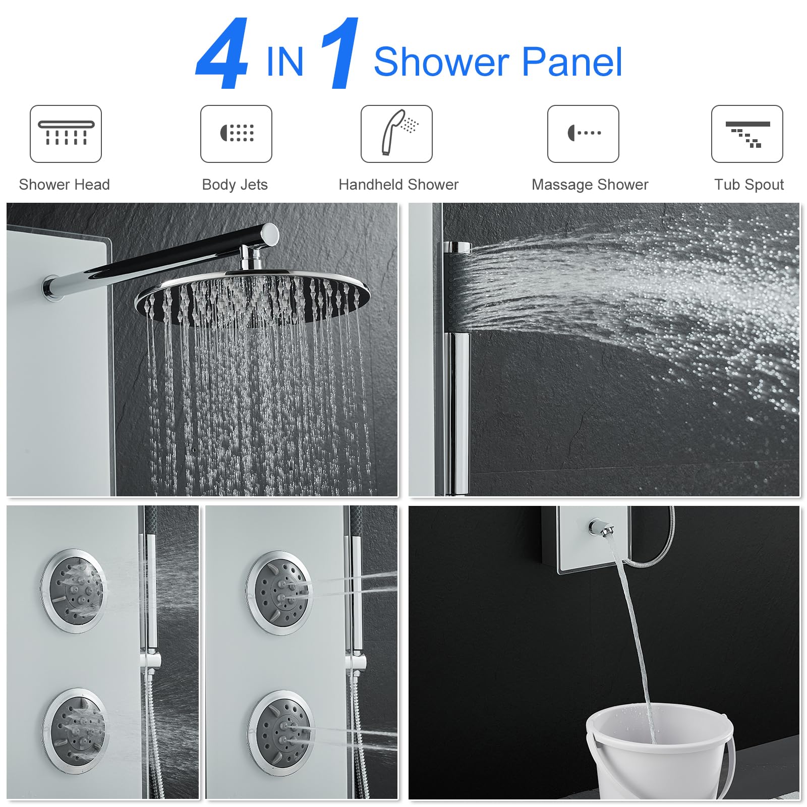 Premium White Glass Shower Panel Tower System - 304 Stainless Steel & Glass 4-in-1 Shower Tower with 9
