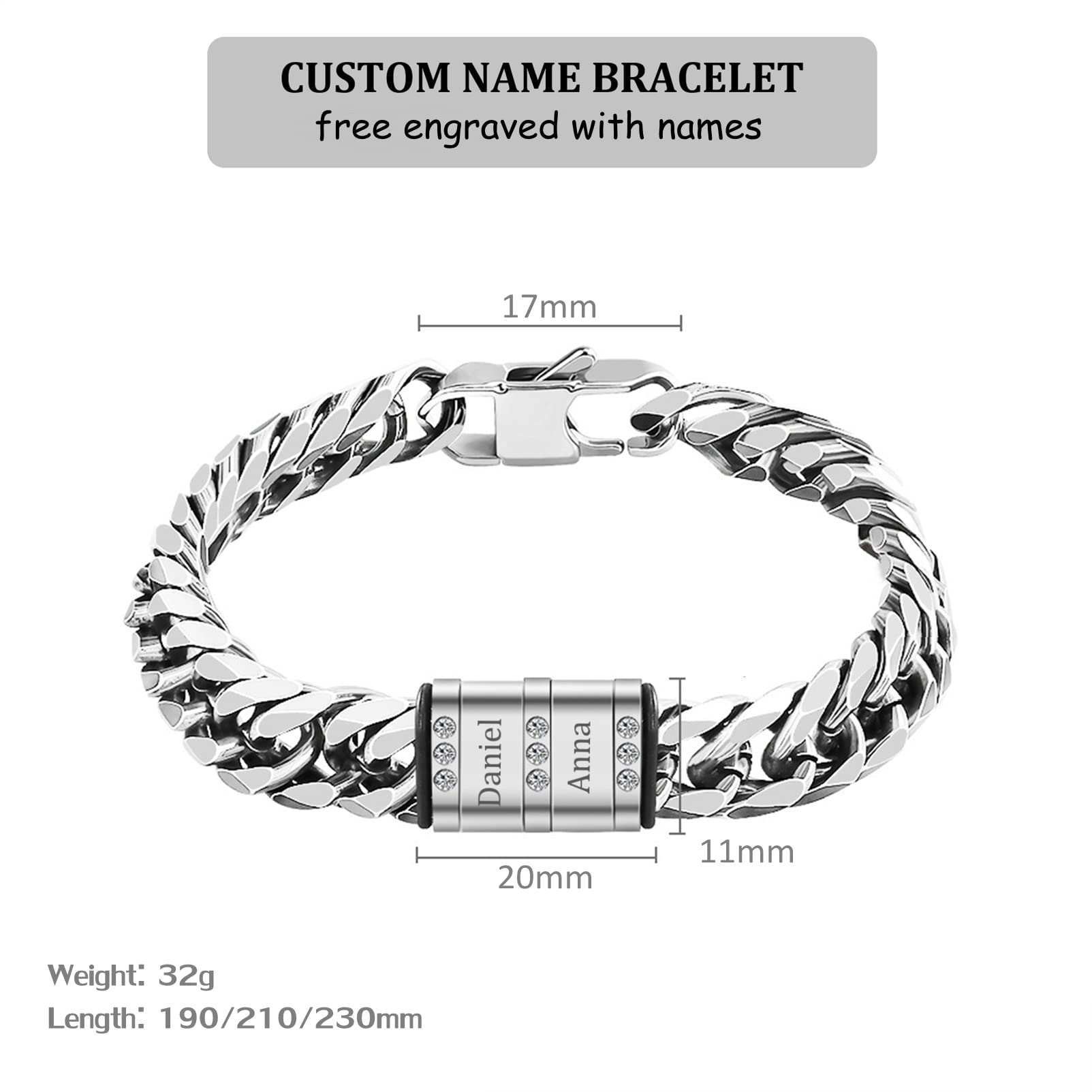BAUMA AUTO Stainless Steel Cuban Chain Link Bracelet - Personalized with 1-6 Custom Names for Men & Women | Fashion Jewelry Gift for Anniversary, Birthday & Everyday Wear