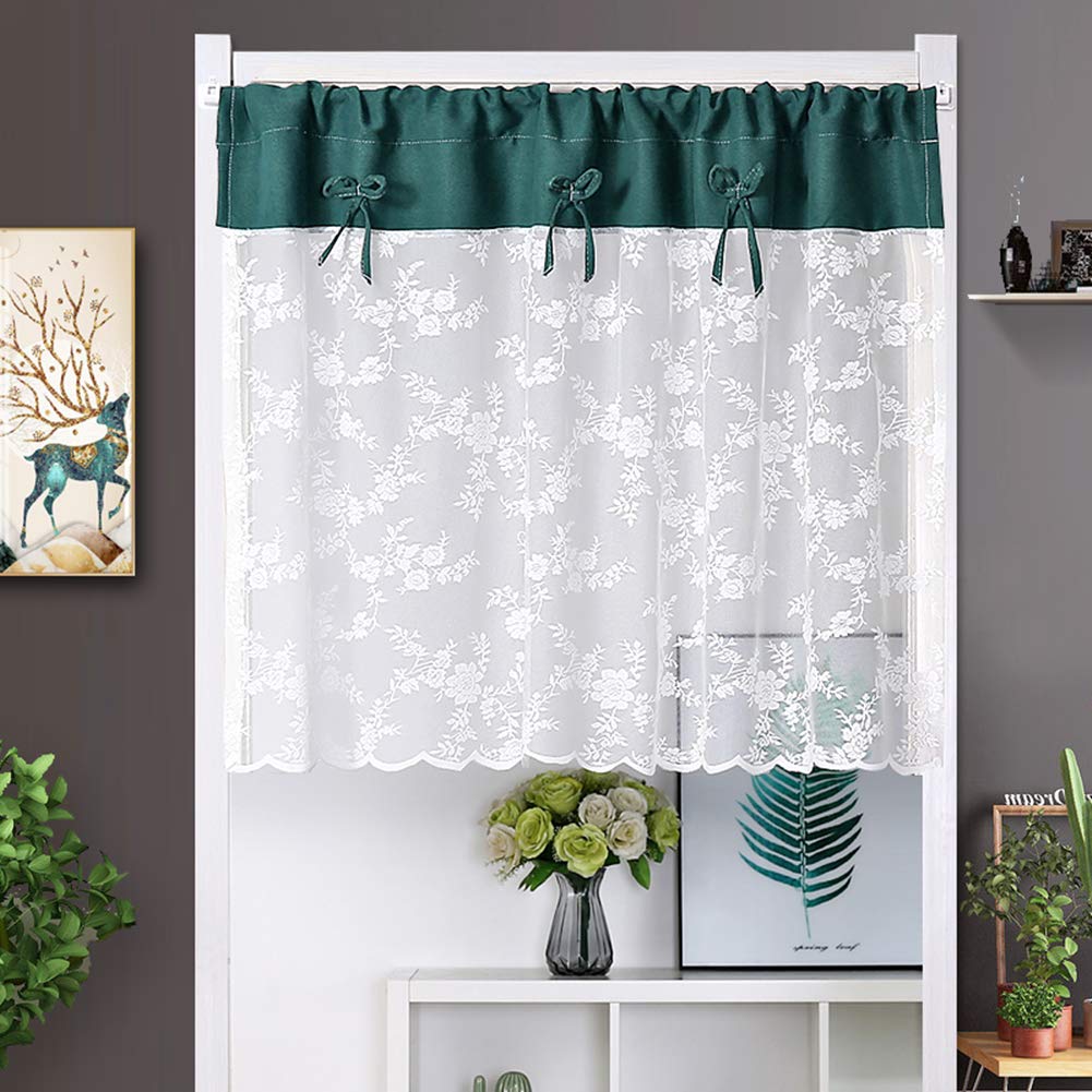 Rod Pocket Lace Sheer Half Curtain - White Mesh Room Divider, 36 Inch Long Embroidery Floral Voile Cafe Curtain for Living Room, Bedroom & Office Privacy
