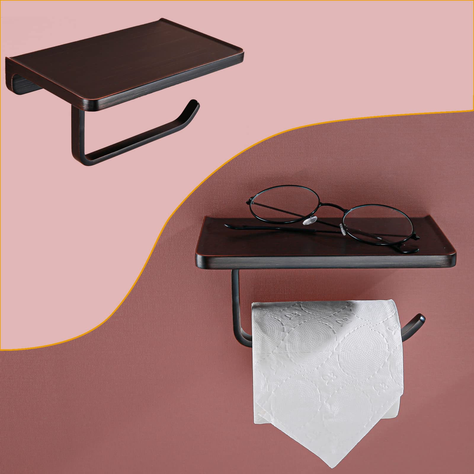 Oil Rubbed Bronze Toilet Paper Holder with Phone Shelf - Wall Mounted Bathroom Tissue Roll Holder - Solid Metal Design for Toilet Paper & Smartphone Storage - Perfect for Small Bathrooms & Powder Rooms - RD93008-ORB