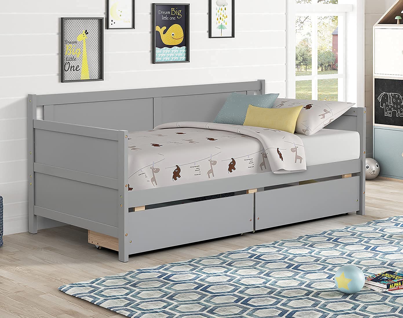 Solid Wood Twin Daybed Frame with Storage - 2 Drawers, 10 Reinforced Slats, No Box Spring Needed - Space-Saving Sleeper Sofa for Bedroom, Living Room, Guest Room & Dorm - Modern Gray Daybed with Underbed Storage