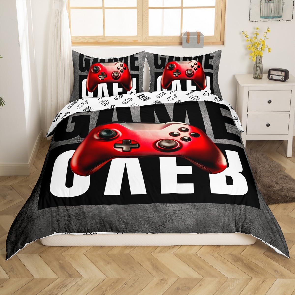 Boys Gamer Duvet Cover Twin Size - Reversible Red Video Game Controller Design with Pillowcase - Perfect for Kids & Teens Bedroom Decor, Gaming Room Setup - Soft Comforter Cover Set (2-Piece, Grey) - Great Christmas Gift for Gamers