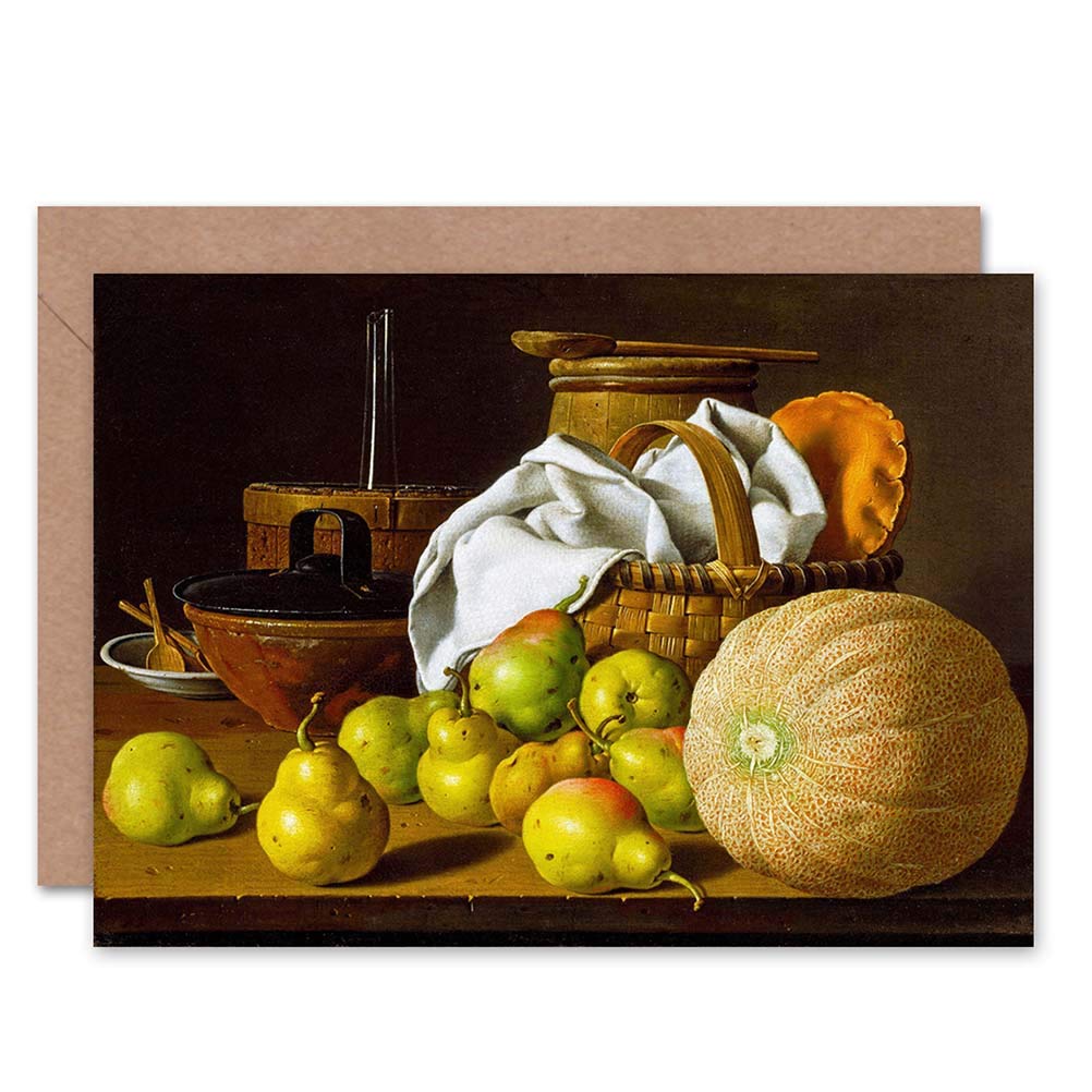 Wee Blue Coo Greeting Card - Still Life Painting of Pears and Melon by Melendez | Perfect for Birthdays, Thank You Notes & Home Decor