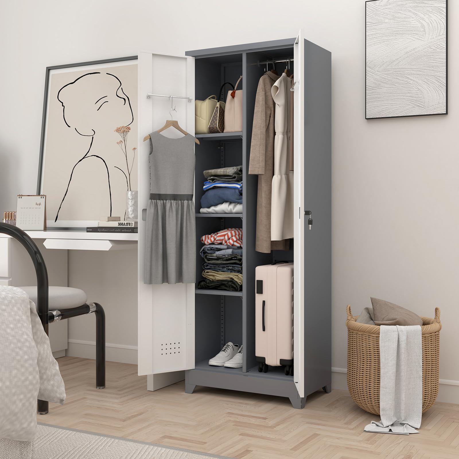 Metal Broom Storage Cabinet with Pegboard - Organize Cleaning Supplies, Brooms & Mops - Heavy Duty Laundry, Garage & Gym Storage Solution - Perfect for Home Organization & Cleaning Tool Storage