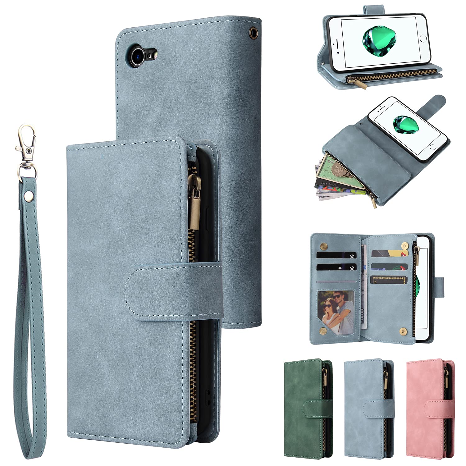 Premium PU Leather Magnetic Wallet Case for iPhone SE 2022/SE 2020/SE3/SE2/7/8 - Zipper Handbag Cover with Kickstand & Card Slots | Perfect for Work, Travel & Everyday Use (Sky Blue)