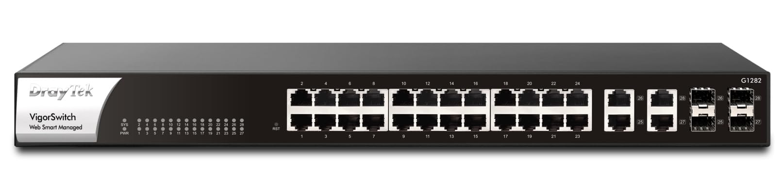DrayTek VigorSwitch G1282 24-Port Gigabit Managed Network Switch with 4 SFP Uplink Ports, Rack Mountable, QoS, VLAN Support - Perfect for SOHO, Small Business & Office Networking Solutions