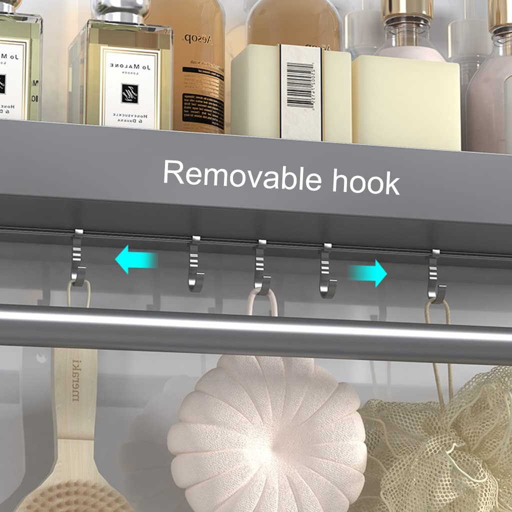 Rustproof Aluminum Alloy Bathroom Shelf Organizer with Hooks & Towel Rack - 30cm Shower Caddy for Toiletries, Cosmetics Storage (Gray) | Perfect for Small Bathrooms, Apartment Showers & Spa-Like Organization