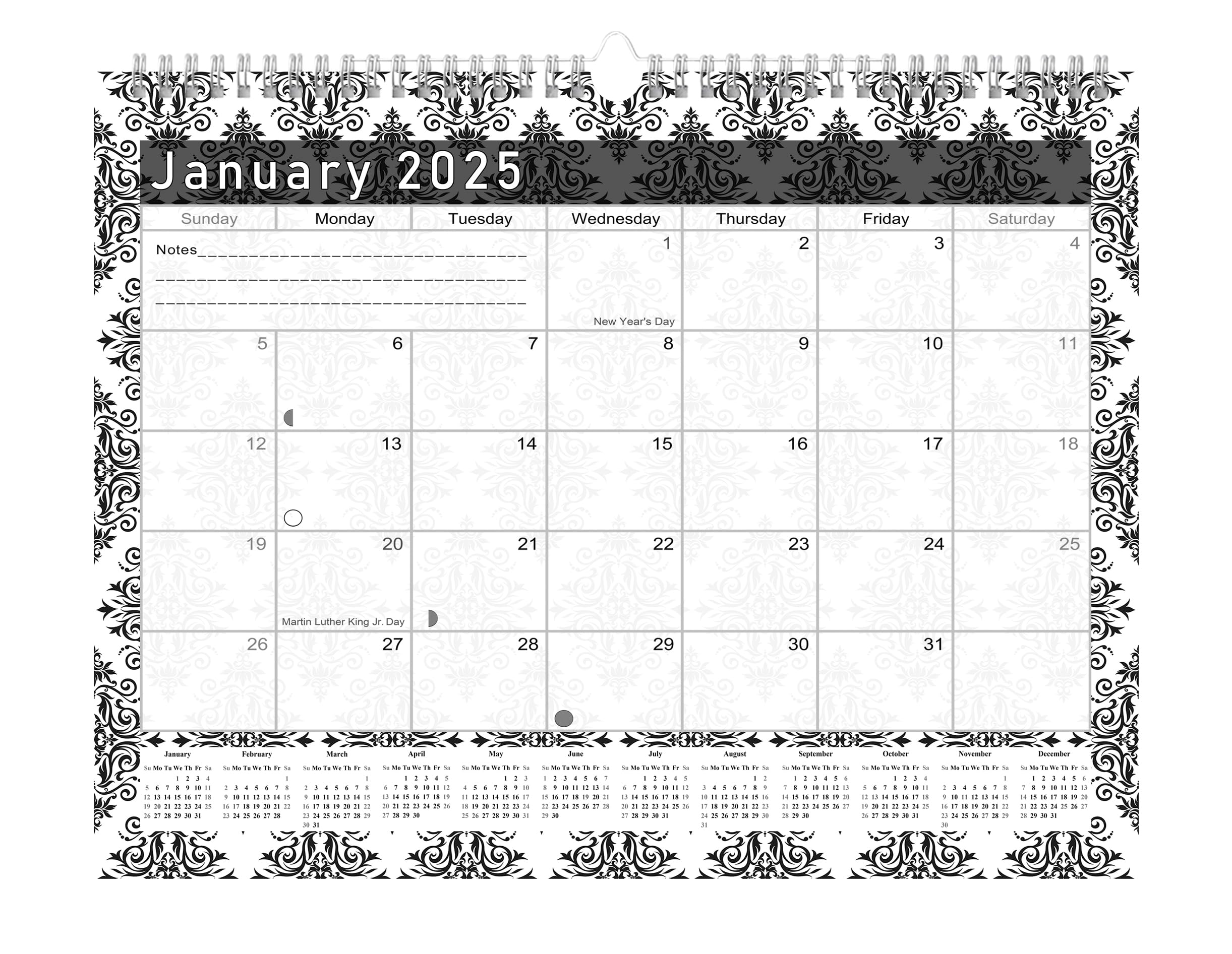 2024-2025 18-Month Spiral-Bound Wall & Desk Calendar Planner - Black & White Damask Design (Edition #08) - Perfect for Office, Home, School & Gift Giving