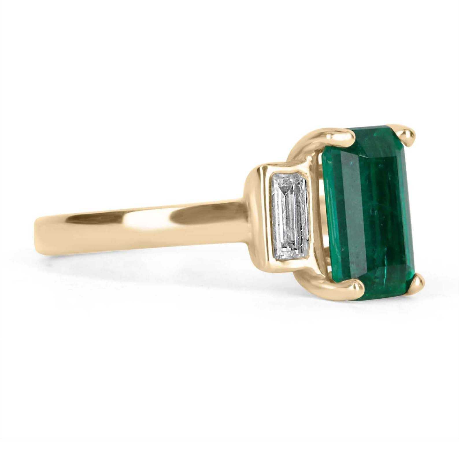 2.15tcw 18K Gold Three Stone Emerald Cut Emerald & Diamond Ring for Engagement, Wedding, Anniversary - Elegant Jewelry Gift for Women
