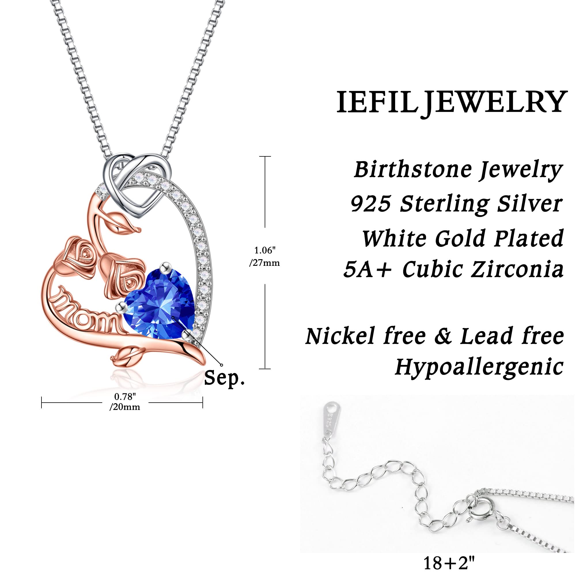 925 Sterling Silver Rose Heart Birthstone Necklace for Mom - Personalized Mother's Jewelry Gift for Christmas, Birthday, Mother's Day | Elegant Pendant Necklace for Women | Perfect Gift from Daughter to Mom | Ideal for Special Occasions & Everyday Wear