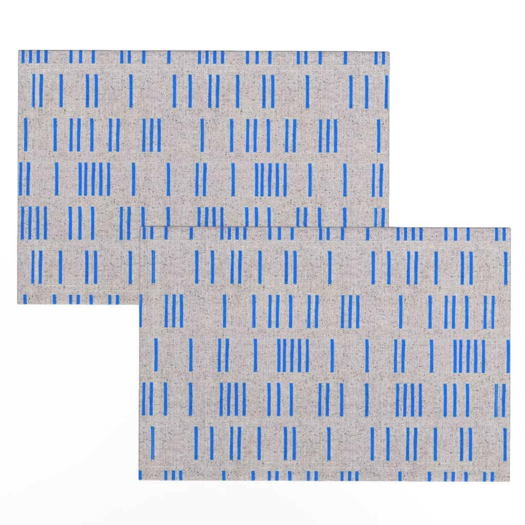 Premium Linen Cotton Canvas Placemats Set of 2 - French Boho Blue Geometric Print Table Mats for Dining, Kitchen Decor & Home Styling