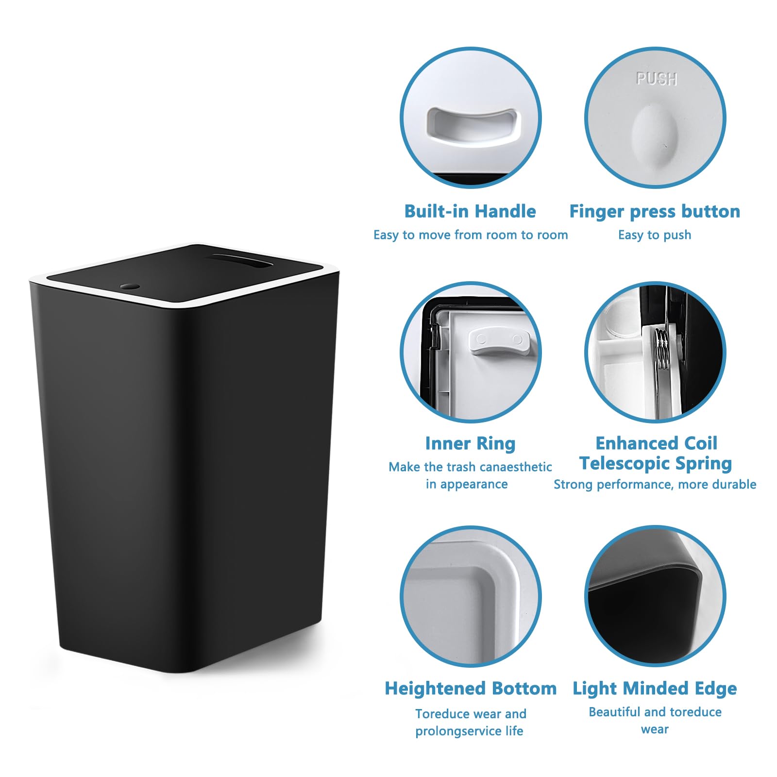 3-Pack 4-Gallon Small Trash Can with Press-Top Lid - Slim Bathroom Garbage Bin with Trash Bags - Perfect for Dorm, Office, Kitchen, Bedroom & Living Room - Space-Saving Waste Basket for Small Spaces (Black)