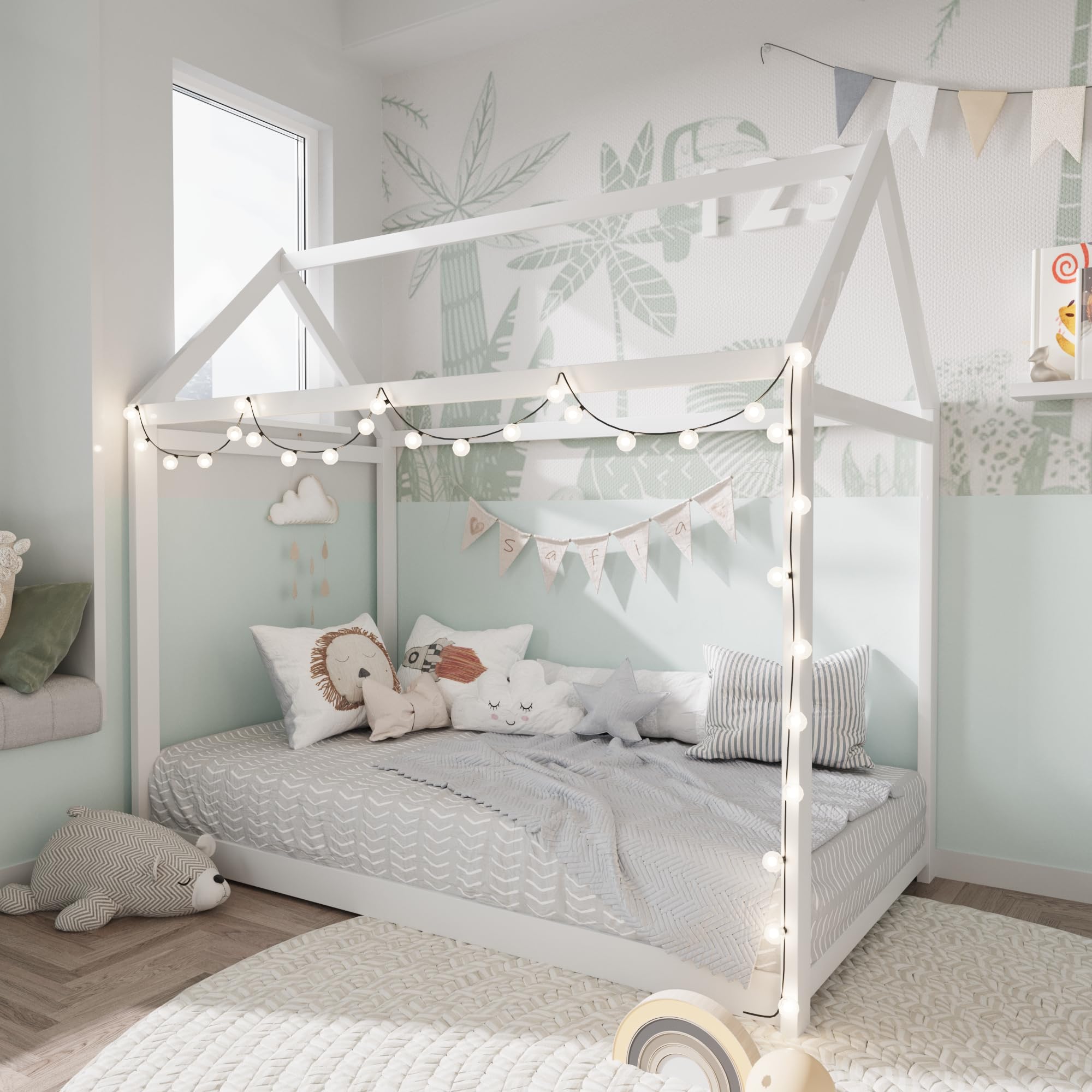 Merax Twin Size Wood House Bed Frame with Wood Slats - No Box Spring Needed, White - Perfect for Kids Rooms, Guest Bedrooms & Small Spaces