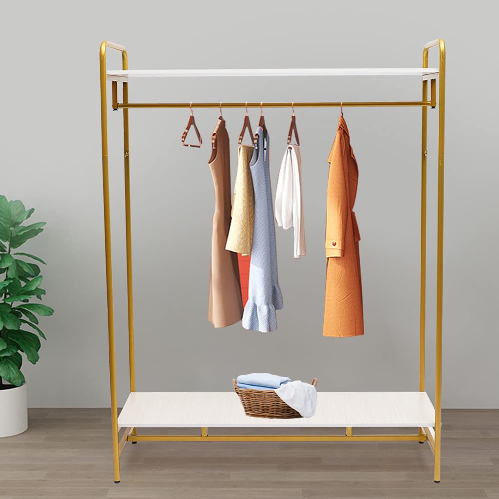 Gdrasuya10 22-Inch Round Pipe Standing Clothes Garment Rack with 2 Wooden Shelves - Gold Bridal Wedding Dress Hanger for Home Display & Celebration (120x35x160cm) - Perfect for Bedroom, Closet Organization & Party Decor