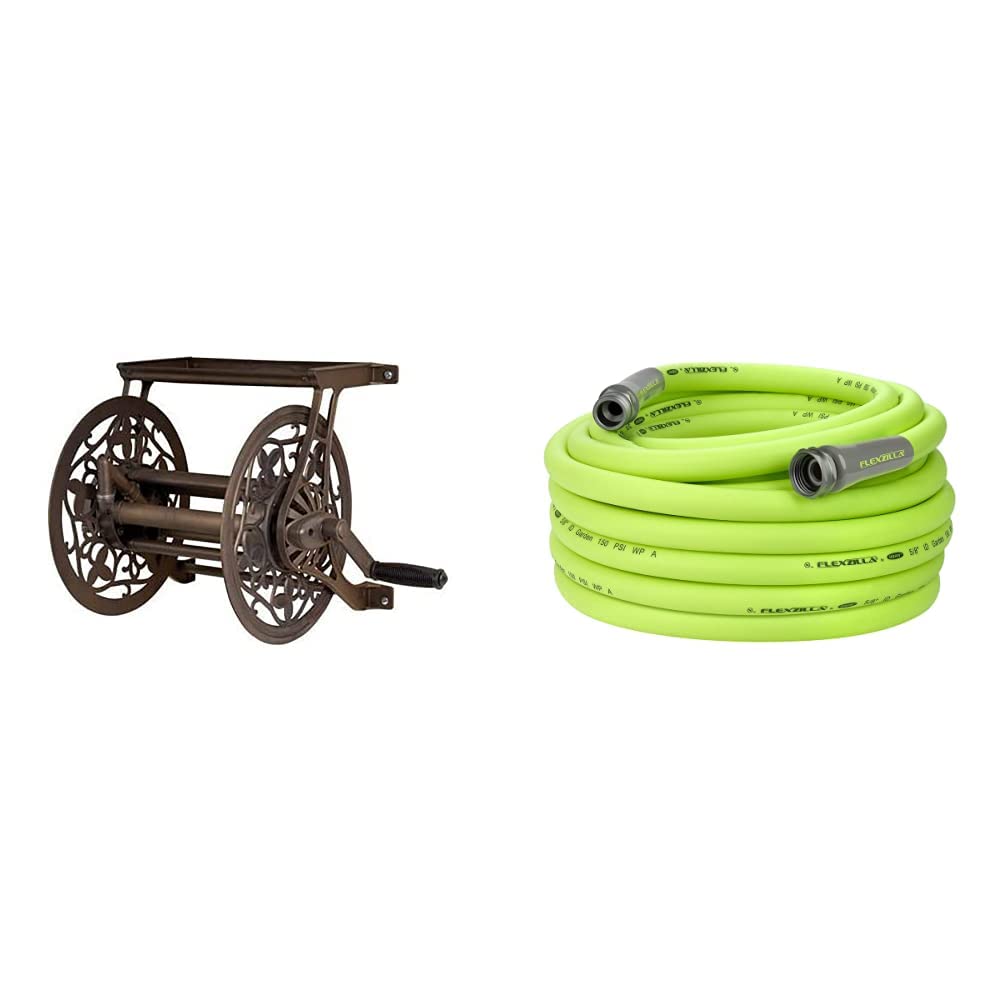 AMES 2398110 NeverLeak Decorative Wall Mount Hose Reel in Brown | Flexzilla 5/8 in. x 75 ft Heavy Duty Lightweight Garden Hose | Drinking Water Safe | ZillaGreen (HFZG575YW-E) | Perfect for Outdoor Watering, Car Washing & Gardening