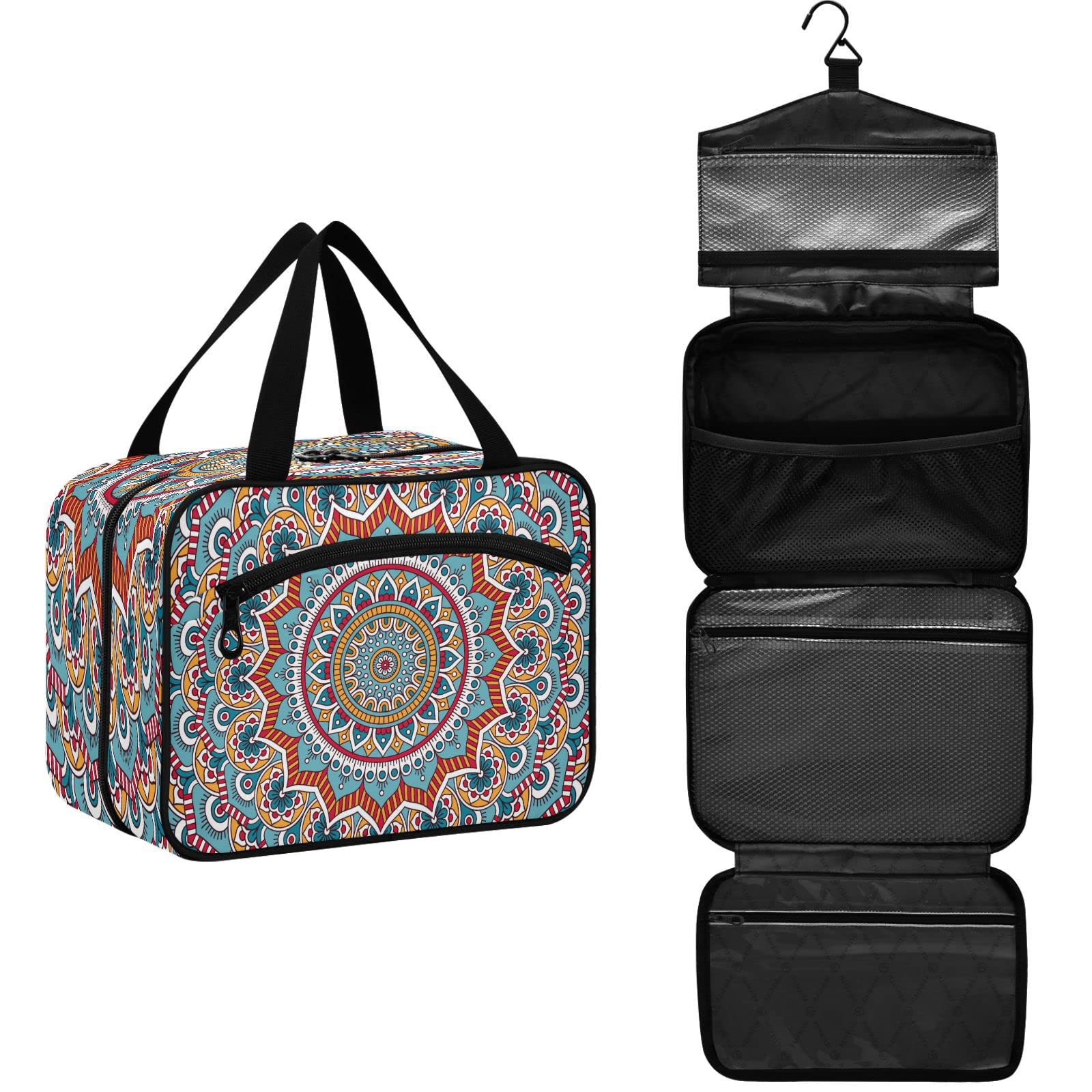 Waterproof Hanging Toiletry Bag for Women - Large Mandala Flower Cosmetic Organizer with Multiple Pockets | Travel Makeup Case for Girls, Perfect for Camping, Gym & Vacation
