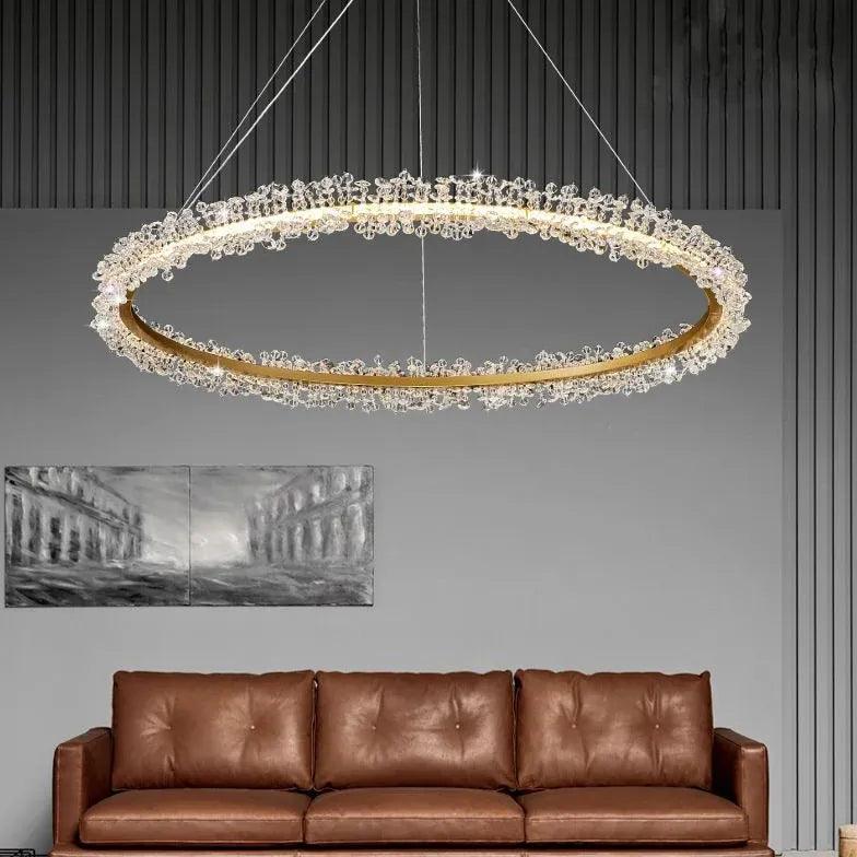 Crystal Beaded Modern Pendant Light Fixture - Elegant Ring Design for Dining Room, Kitchen Island & Bedroom Lighting