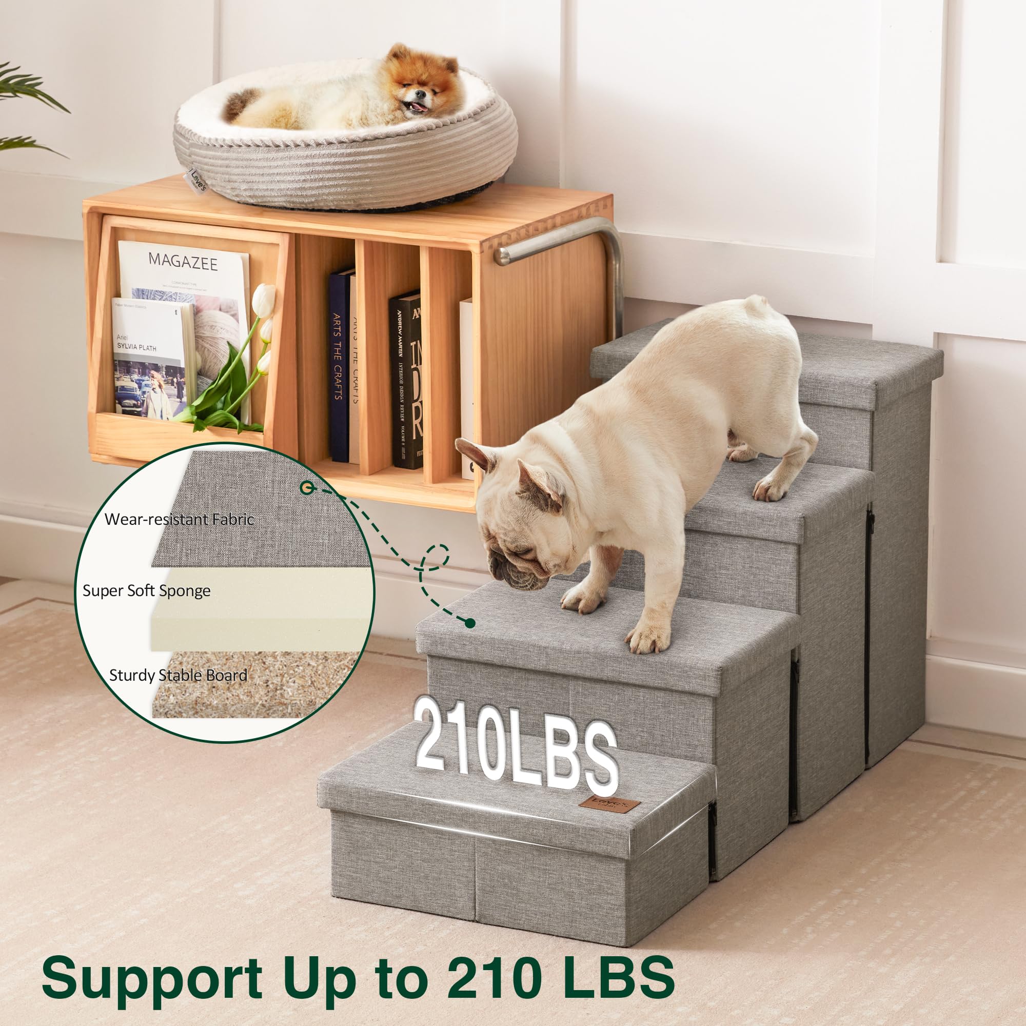 Foldable Dog Stairs for Small, Medium & Large Dogs - 4-Step Adjustable Pet Steps with Storage, Supports Up to 210 lbs | Solid Grey Folding Ramp for Bed, Couch & Sofa Access | Perfect for Elderly Pets & Post-Surgery Recovery