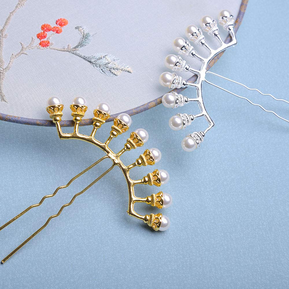 Vintage Chinese Hanfu Hair Sticks - Elegant Alloy Bridal Hair Forks with Pearl Rows, Gold 9-Row & White | Perfect for Weddings, Cosplay, and Traditional Chinese Costume Styling