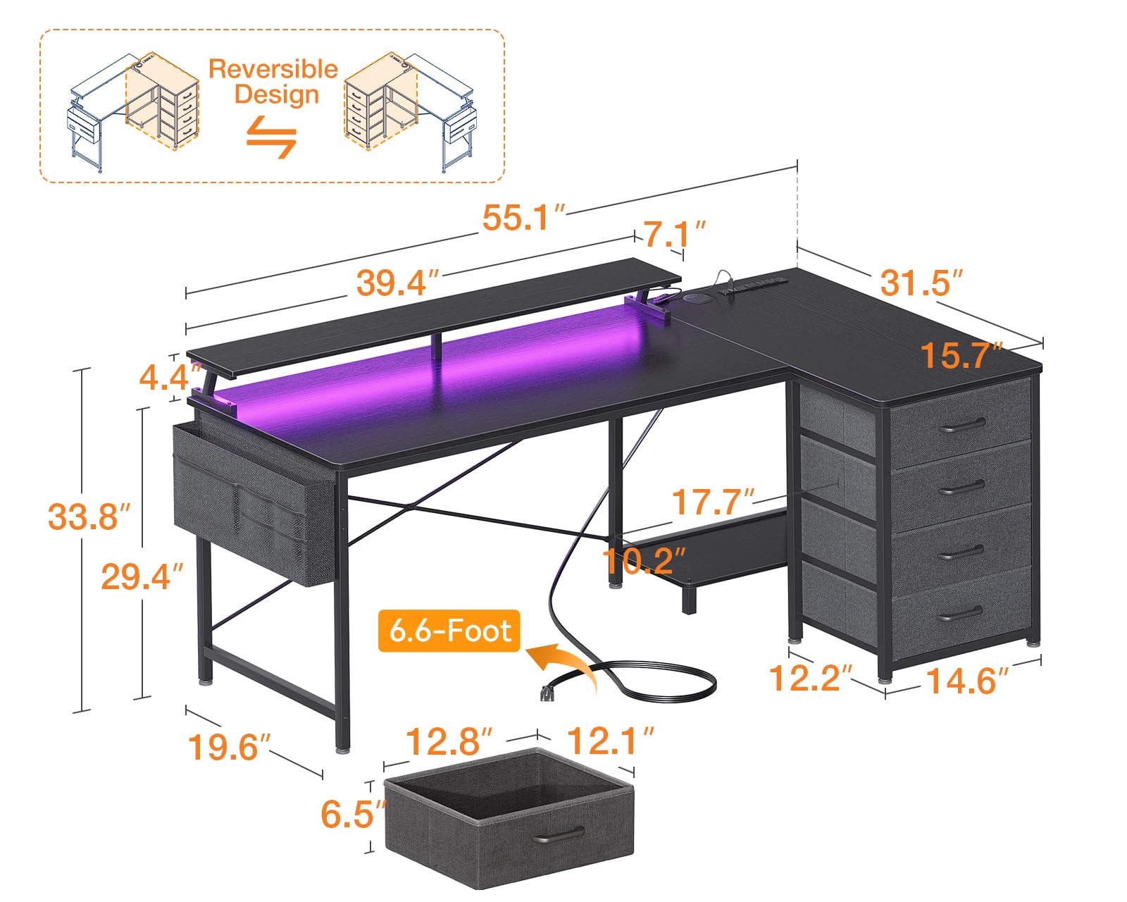 ODK 55-Inch L Shaped Gaming Desk with LED Lights & USB Ports, Reversible Computer Desk with 4 Drawers & CPU Stand, Ergonomic Corner Desk for PC Gaming Setup - Perfect for Small Spaces & Bedroom Gaming Stations (Black)