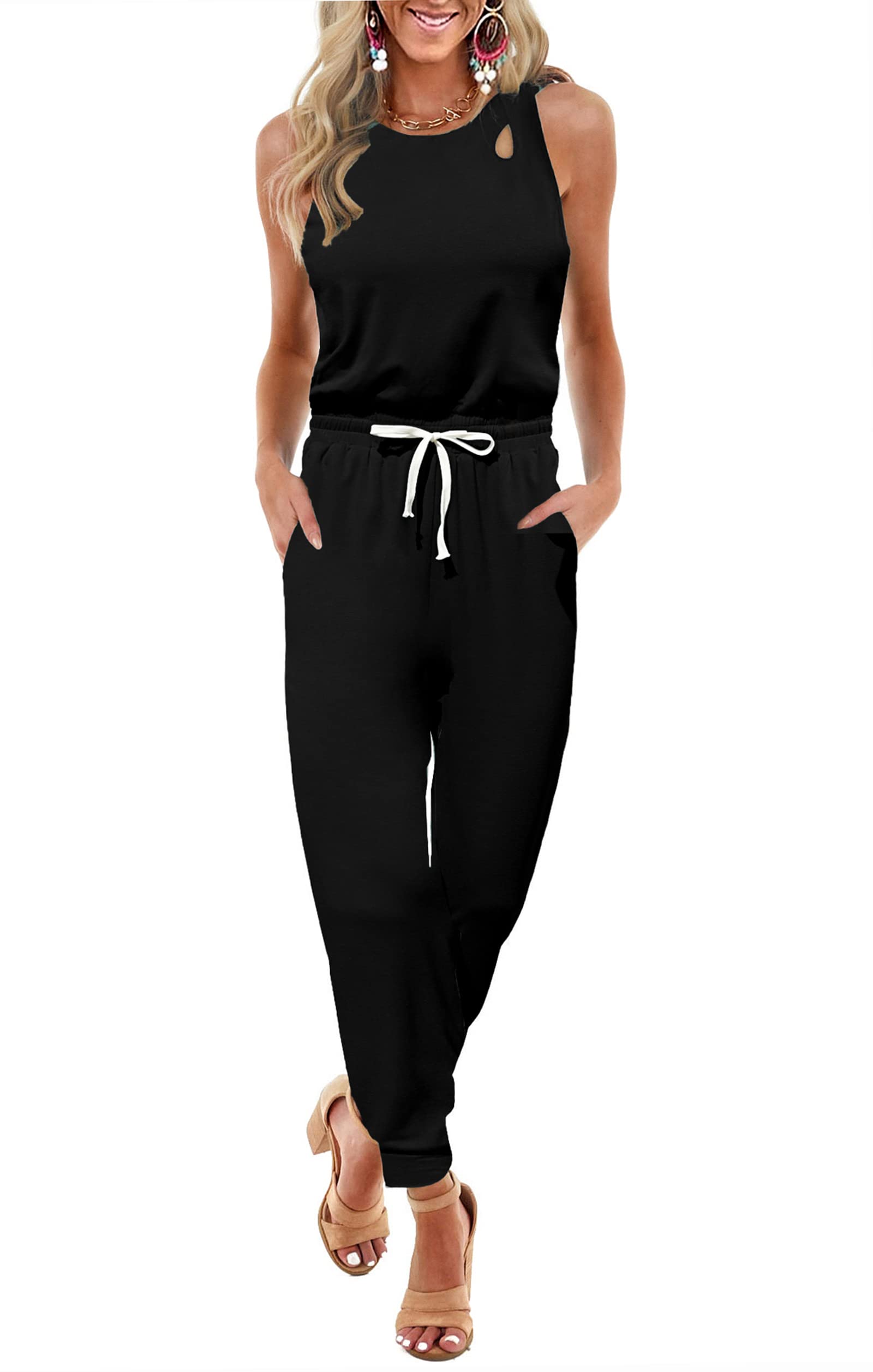 KIRUNDO Women's Casual Summer Jumpsuit 2023 - Sleeveless Cutout Crewneck Romper with Drawstring Waist & Pockets | Perfect for Beach, Vacation & Outdoor Activities