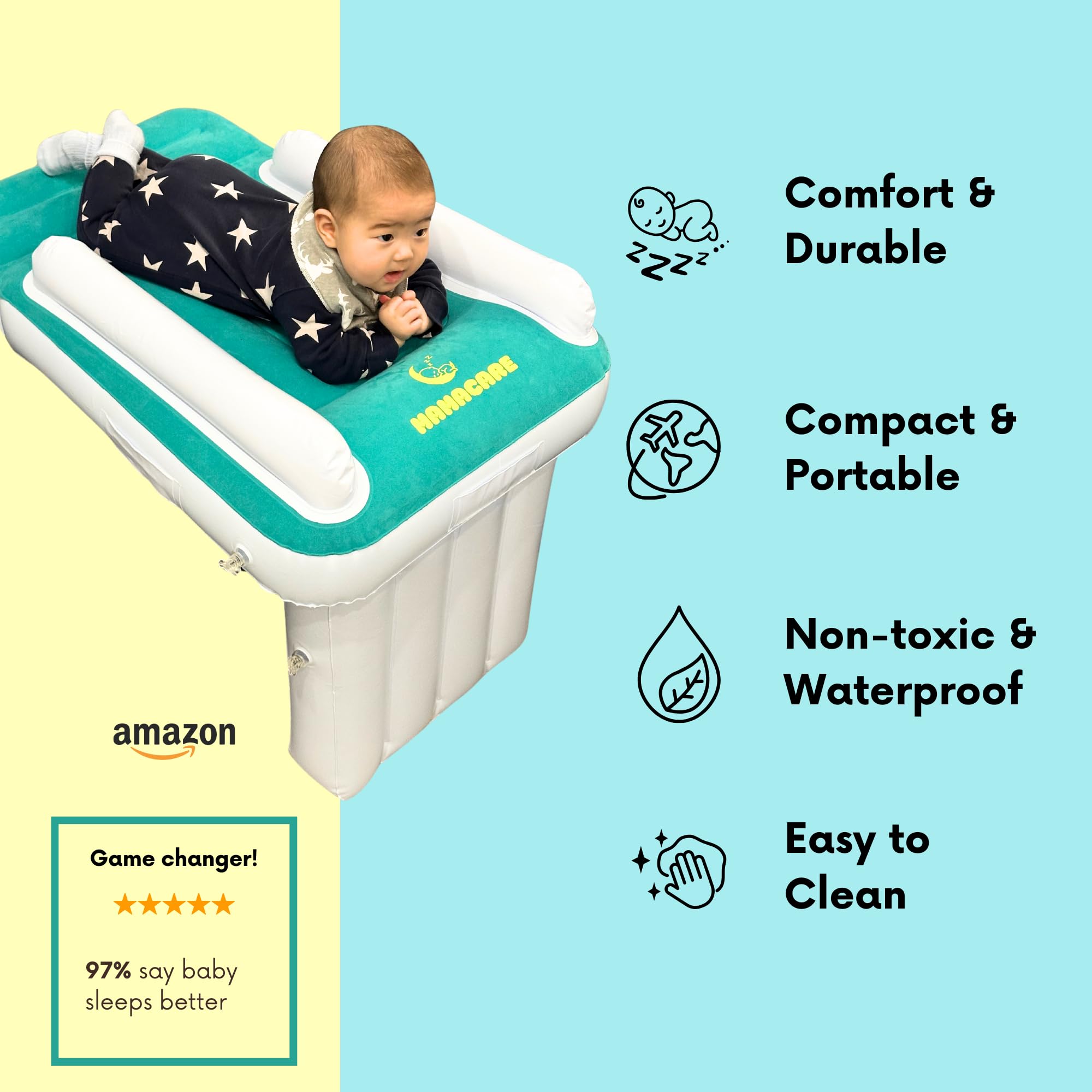 MAMACARE Inflatable Toddler Airplane Bed with Bumpers, Pump & Travel Bag - Portable Kids Travel Bed for Airplane, Car & Home - Perfect Gift for Flying Toddlers & Comfortable Sleep On-The-Go