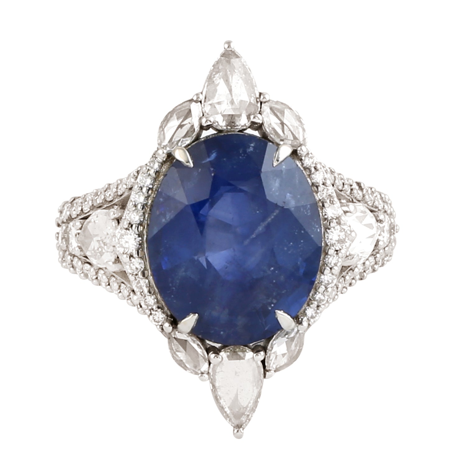 18K White Gold Blue Sapphire Rose Cut Diamond Solitaire Ring for Women | Elegant Engagement, Wedding, Anniversary Gift