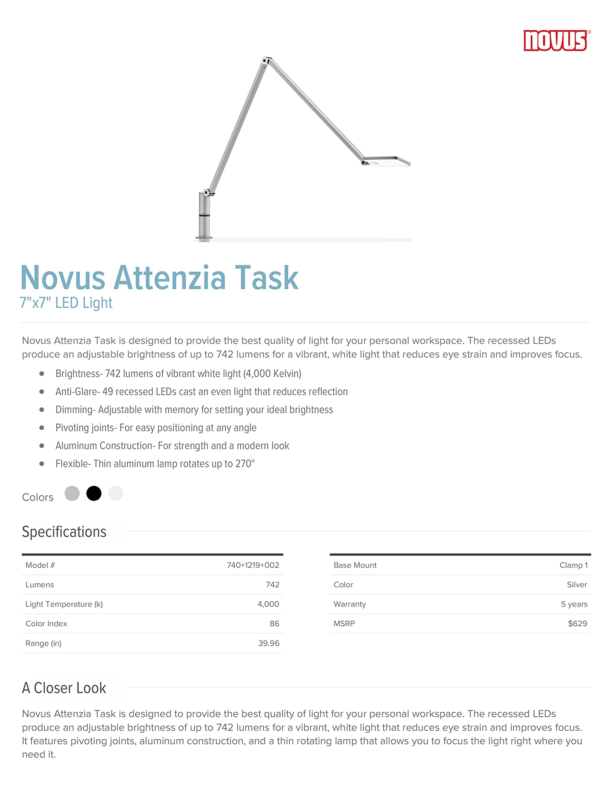 Novus Attenzia Adjustable LED Desk Lamp - 742 Lumens 4000K Natural White Light, One-Touch Memory Dimming & Anti-Glare Technology to Reduce Eye Strain, Flexible Pivoting Arms with Clamp Mount for Home Office, Study, Reading, and Crafting (Silver)