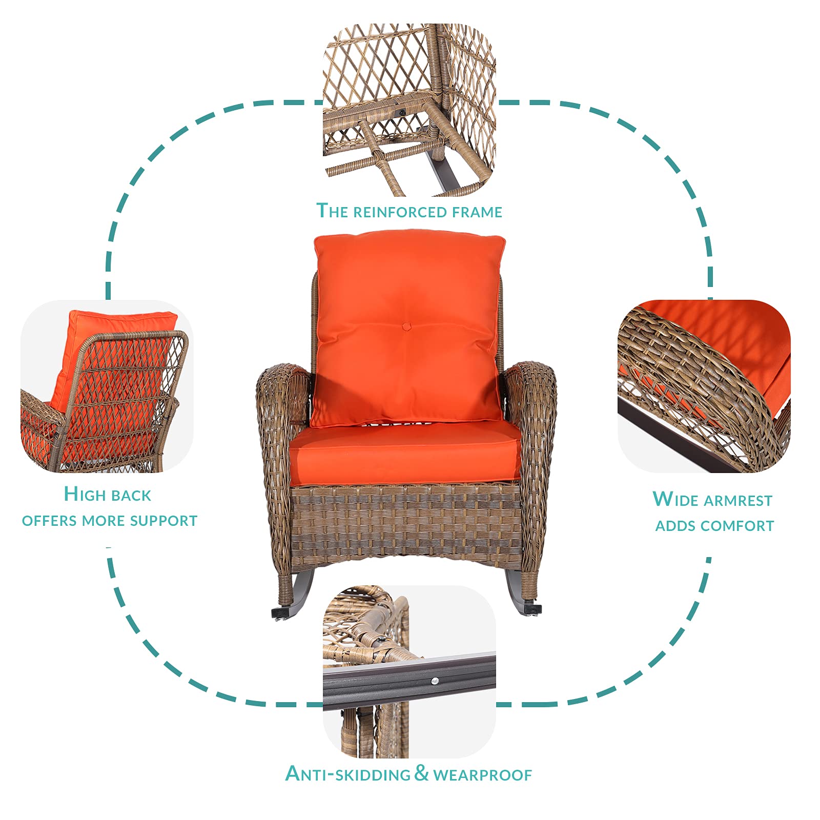 MEETWARM 3-Piece Outdoor Wicker Rocking Chair Set with Cushions & Glass-Top Coffee Table - Rattan Patio Conversation Bistro Set for Porch, Backyard, Garden - Orange | Perfect for Relaxing, Entertaining & Outdoor Lounging