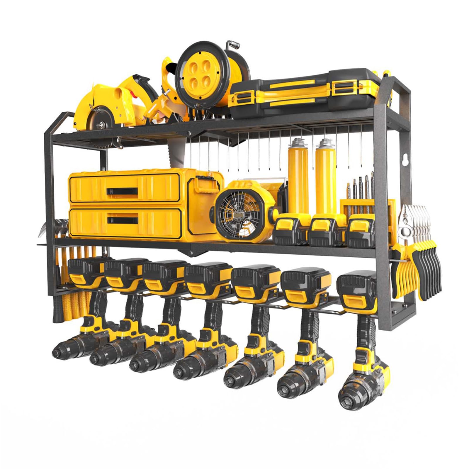 Heavy Duty Wall Mount Power Tool Organizer - 7 Drill Holders & 3-Tier Storage Rack (26 Inch) for Garage, Workshop & DIY Projects - Perfect Tool Organization Gift for Men & Husband
