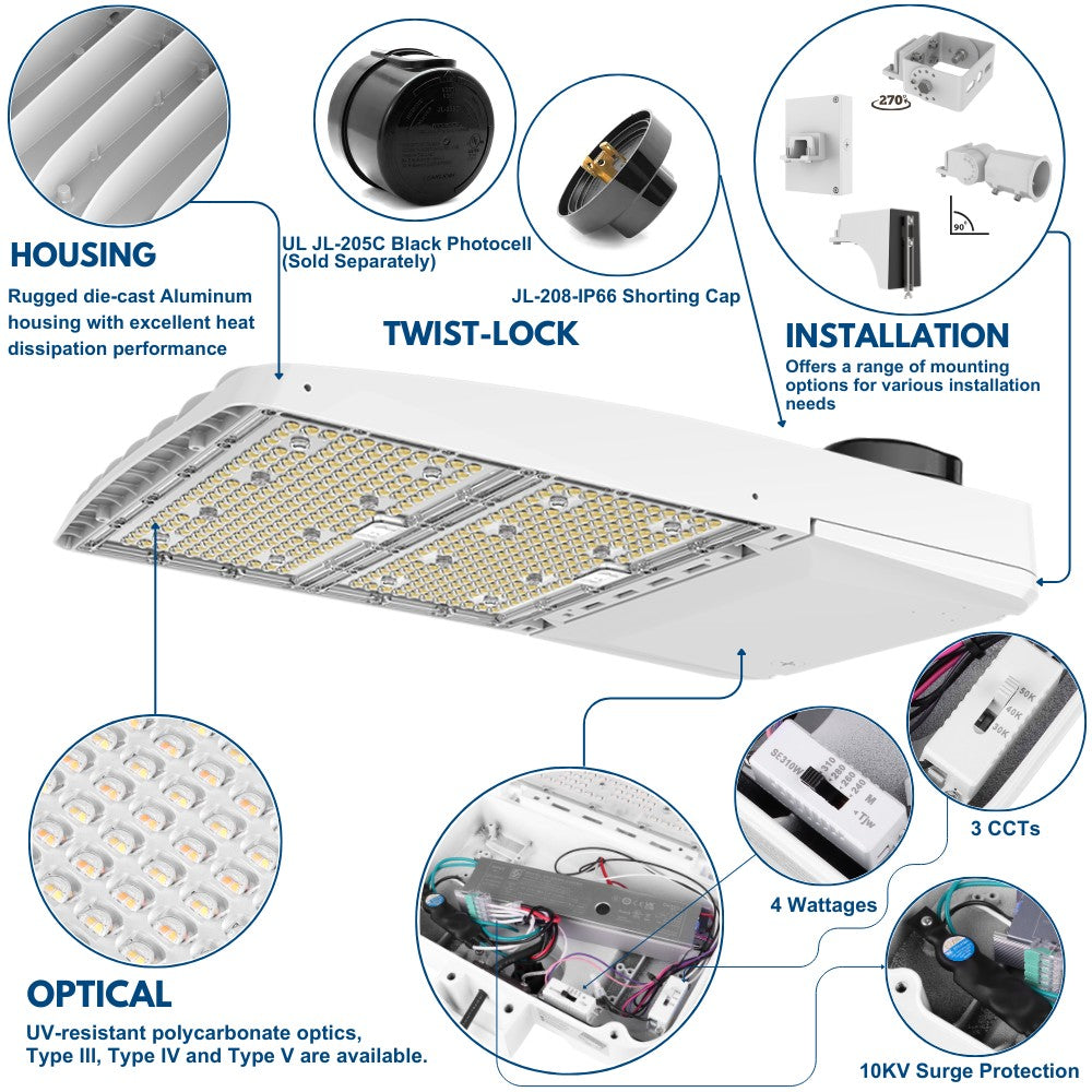 Vela III LED Parking Lot Light - 46,600 Lumens, 4W Selectable, 3 CCT Options, Type III, 120-277V (1000W Equivalent) - Durable Outdoor Lighting for Parking Lots, Warehouses & Commercial Areas