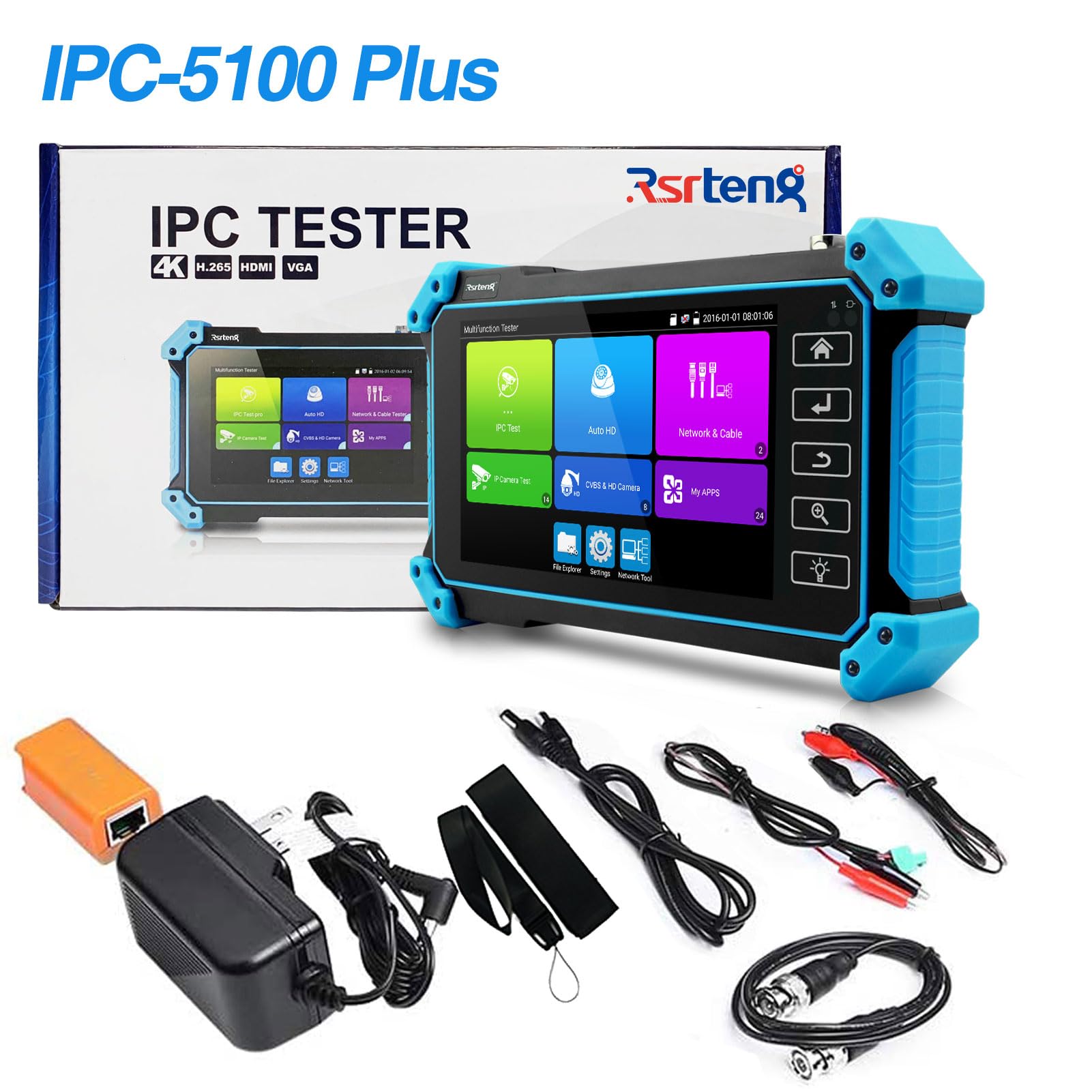 Rsrteng IPC-5100 Plus 8MP IP Camera Tester - 5inch IPS Touch Screen Monitor with 4K HD Display, Supports AHD/CVI/TVI/CVBS/IP/POE/PTZ/WiFi/RS485/HDMI/VGA/DC12V - Perfect for CCTV Installation & Security Camera Maintenance