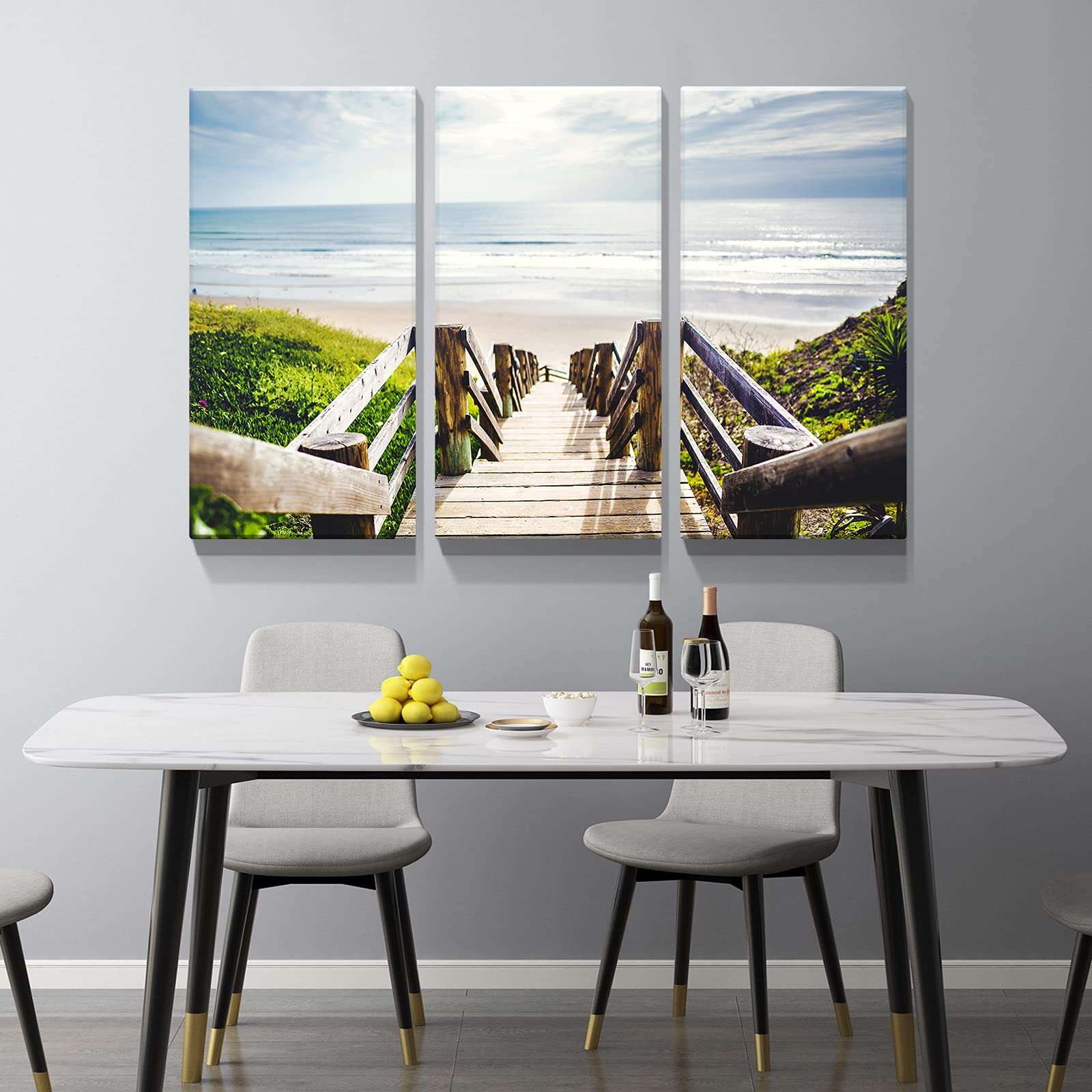 Denozer 3-Panel Beach Wooden Bridge Boardwalk Stair Wall Art - Stretched Canvas Painting for Home & Office Decor (16