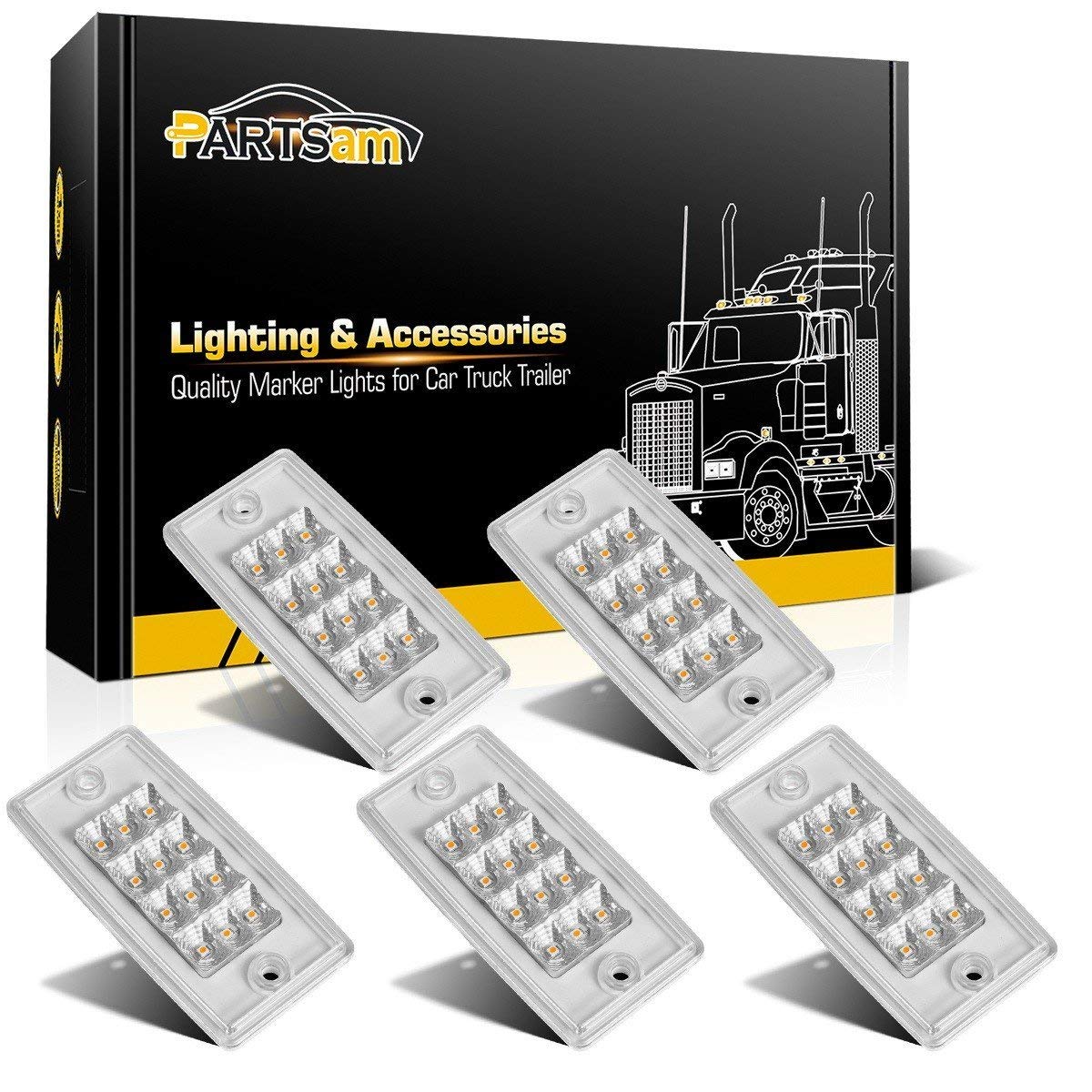 Partsam 5pcs Amber LED Cab Marker Lights - Waterproof Rectangle Roof Running Lights with 12 LEDs, Compatible with Freightliner Century/Columbia - Perfect for Truck Roof Clearance & Night Visibility