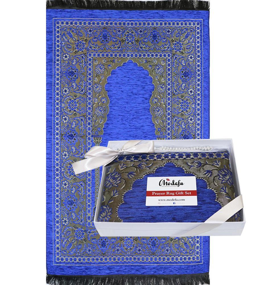 Premium Embroidered Islamic Prayer Rug Gift Set with Tasbih Beads - Blue Prayer Mat for Home, Mosque & Travel | Complete Muslim Salah Accessories