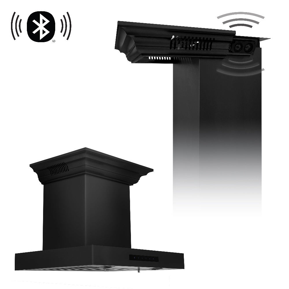 ZLINE Black Stainless Steel Wall Mount Range Hood with Built-in CrownSound Bluetooth Speakers - Modern Kitchen Ventilation for Cooking, Grilling & Entertaining (BSKENCRN BT)