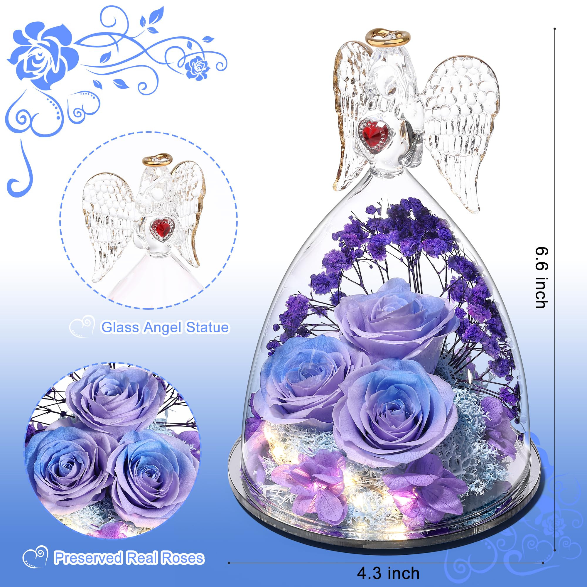 Mother's Day Rose Gifts for Women - Large Angel Figurines with Real Preserved Roses in Purple & Blue | Perfect for Home Decor, Wedding Centerpieces & Romantic Gifts