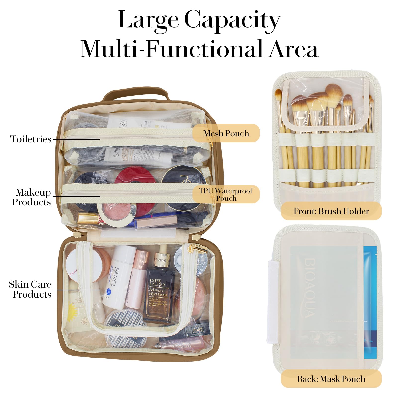 Large Waterproof Leather Travel Makeup Bag with Brush Holder & Handle - Spacious Cosmetic Organizer Toiletry Bag for Women | Perfect for Air Travel, Gym, Vacation & Daily Use - Ideal Gift for Girls (Brown)