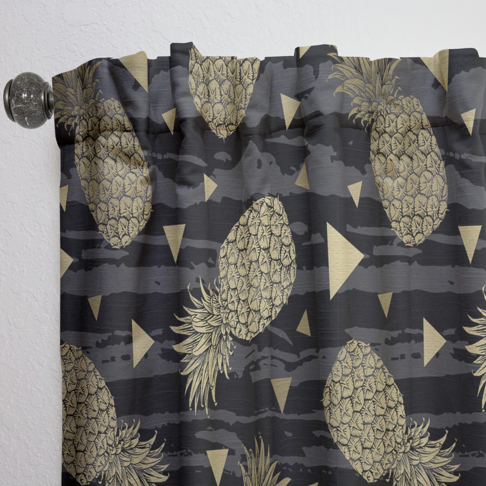 DesignQ Thermal Insulated Black & Gold Pineapple Print Curtains - 52x120 Inch Single Panel for Bedroom & Living Room - Elegant Home Decor for Tropical & Modern Interior Design