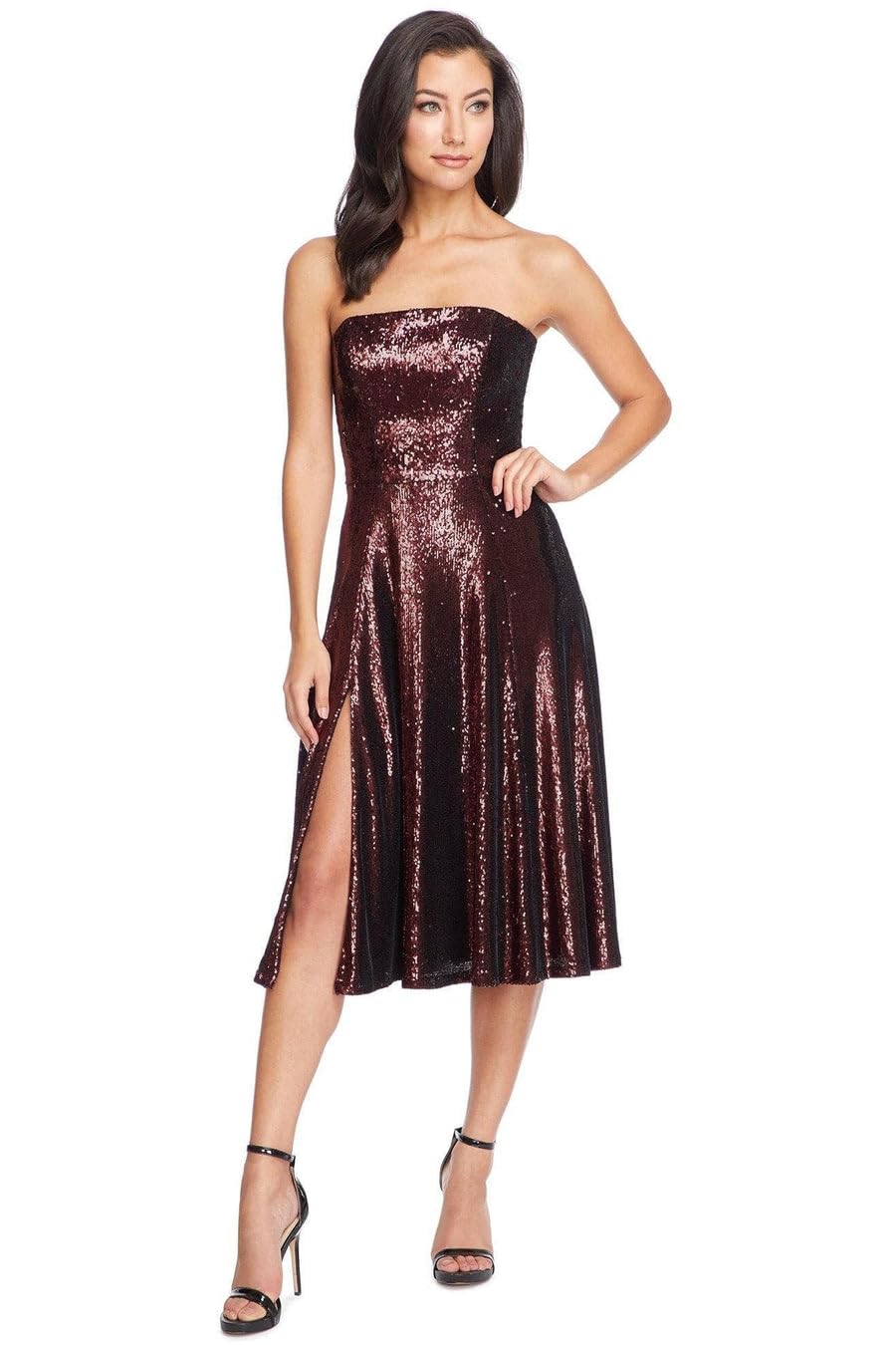 DRESS THE POPULATION Women's Ruby Strapless Fit & Flare Sequin Midi Dress - Elegant Evening Gown for Parties, Weddings & Special Occasions