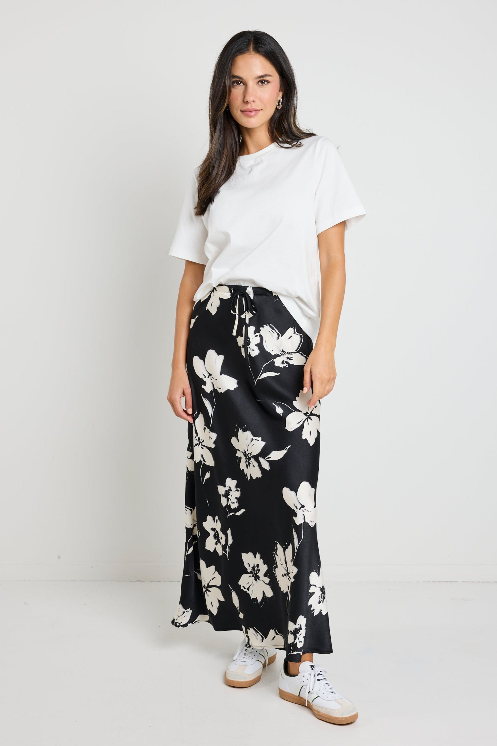Elegant Black Floral Satin Tie Waist Maxi Skirt for Women | Vintage-Inspired A-Line Long Skirt | Perfect for Weddings, Parties & Date Nights