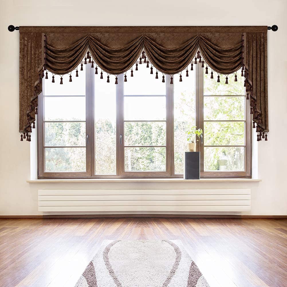ELKCA Thick Chenille Window Curtain Valance - Chocolate Waterfall Design for Living Room & Bedroom - Rod Pocket, 1 Panel (W118) - Perfect for Home Decor, Cozy Atmosphere & Light Control