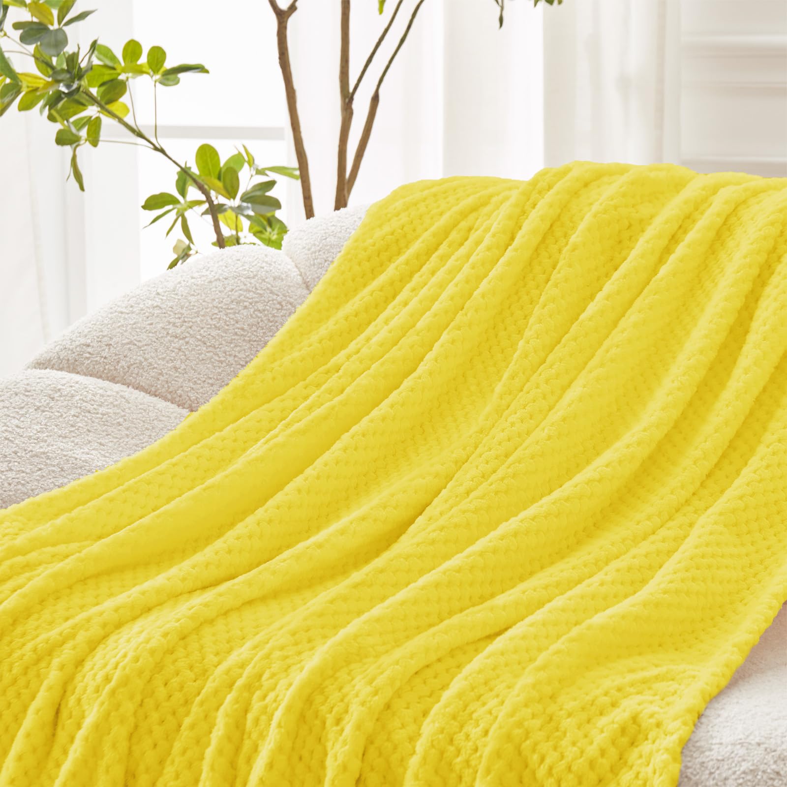 Premium Fleece Blend Queen Size Bed Blanket - Ultra Soft & Warm Waffle Textured Throw for Couch, Sofa & Bed - Cozy, Lightweight & Fuzzy (90x90 Inches, Vibrant Yellow) - Perfect for Winter Nights, Movie Time & Home Decor