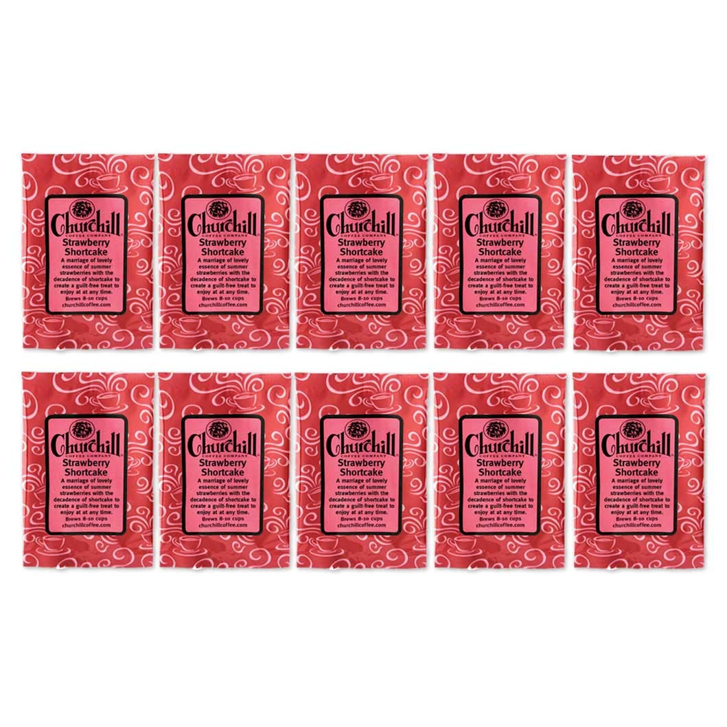 Churchill Coffee Strawberry Shortcake Flavored Ground Coffee - 10 Portioned Packs (1.5 oz Each) - Perfect for Breakfast, Dessert & Gift Giving