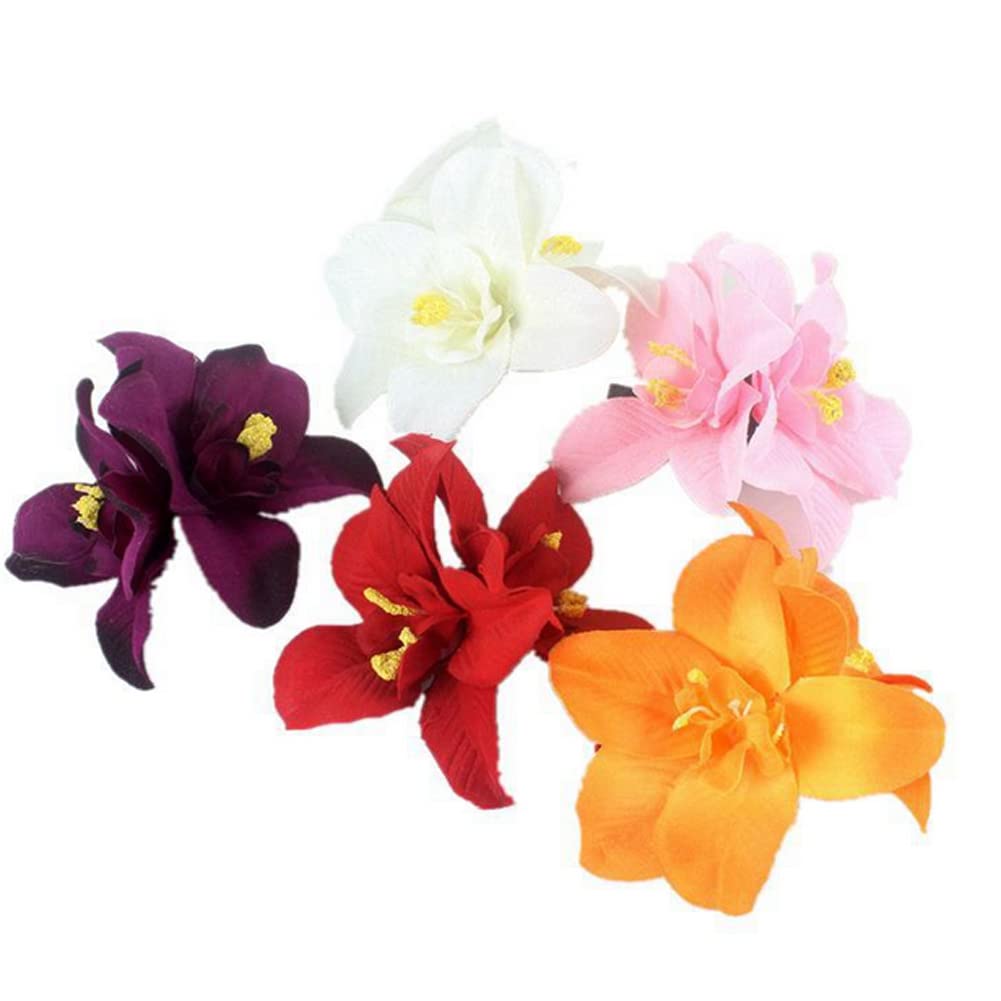 5PCS Butterfly Orchid Hair Clips - Double Hawaiian Flower Hair Accessories for Women, Party, Beach, Wedding & Tropical Fancy Dress (Perfect for Summer Vacations, Bridal Showers & Luau Themed Events)