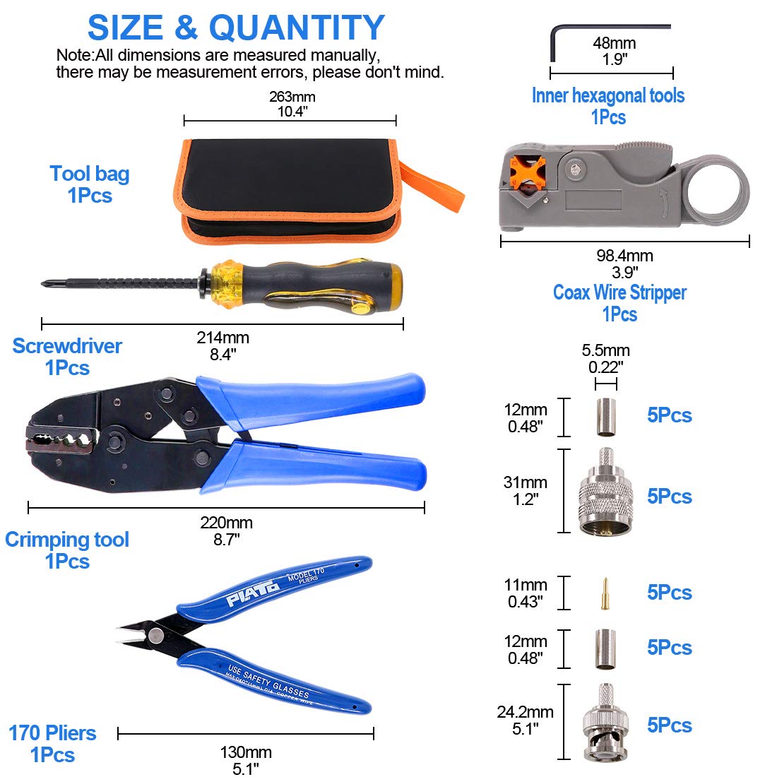 Glarks Coaxial Cable Tool Set - Coax Cable Crimper, Stripper & Wire Cutter with 10pcs F Compression Connectors Kit for TV, Satellite & Internet Installation