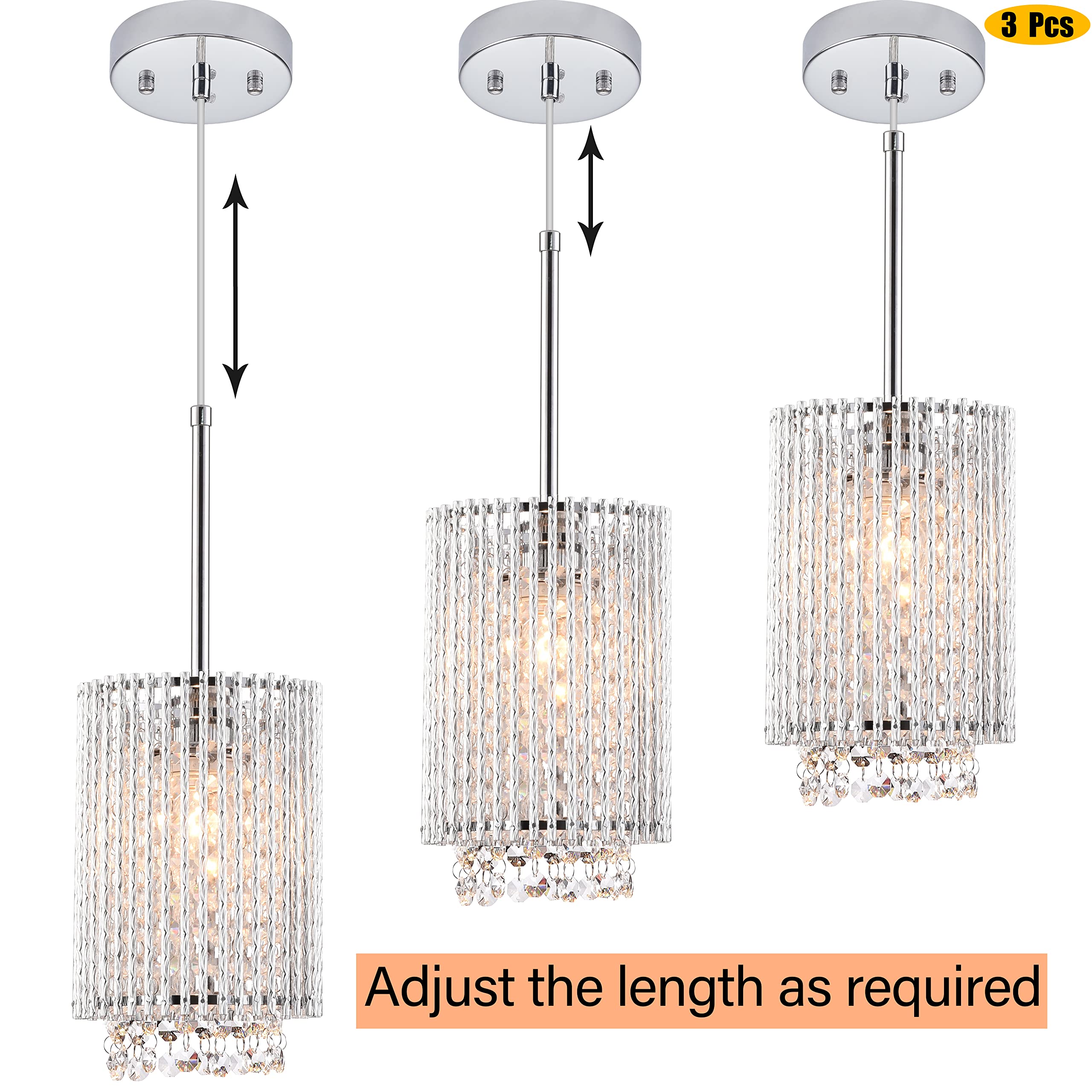 3 Pack Farmhouse Pendant Lights - Crystal Hanging Chandelier for Kitchen Island, Dining Room, Bedroom & Bar - Modern Ceiling Fixture with E26 Base - Perfect for Home Decor, Restaurant Lighting & Commercial Spaces
