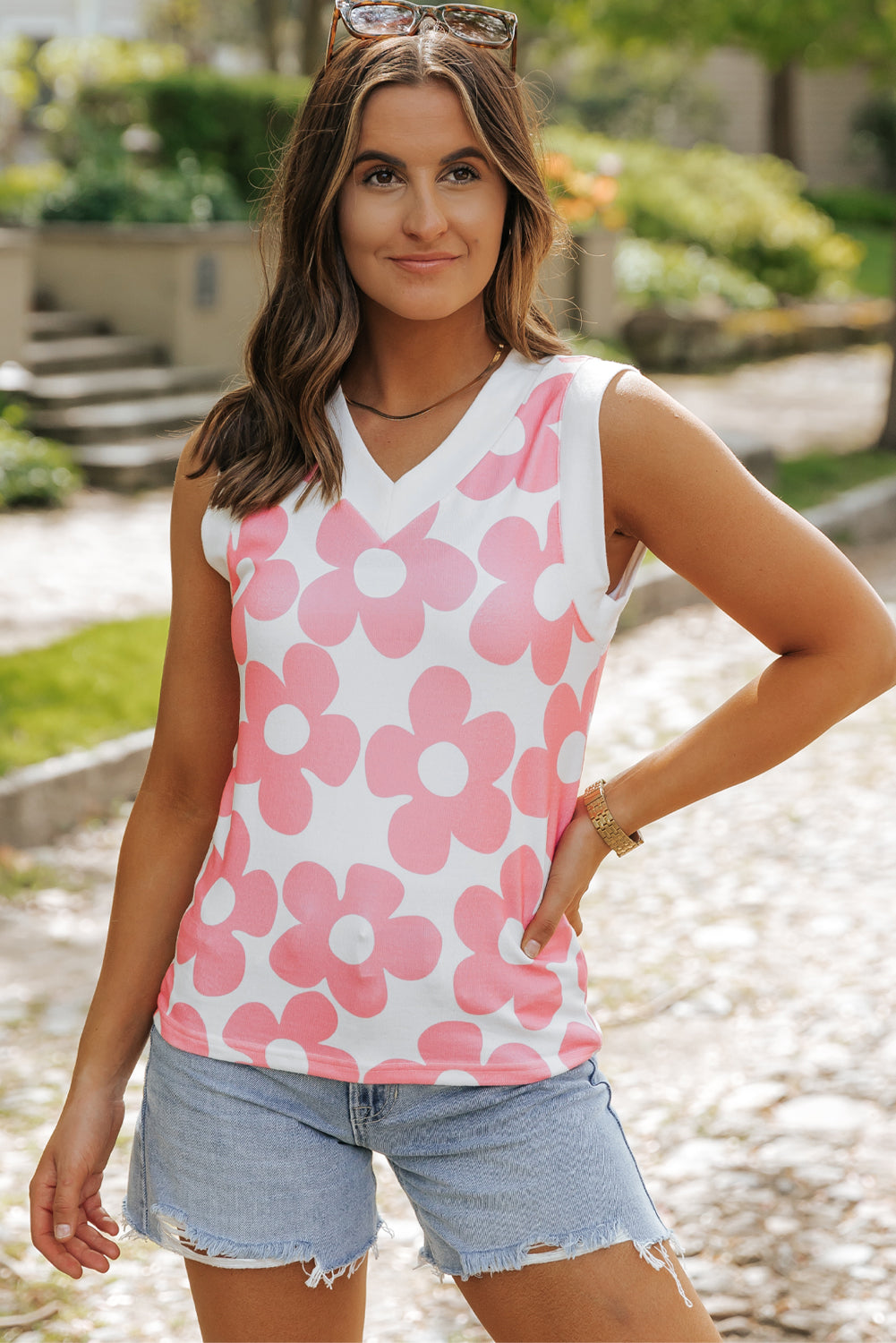 Andi Women's Floral Knit V-Neck Tank Top - Breathable Summer Blouse for Casual Wear, Beach Outings & Layering