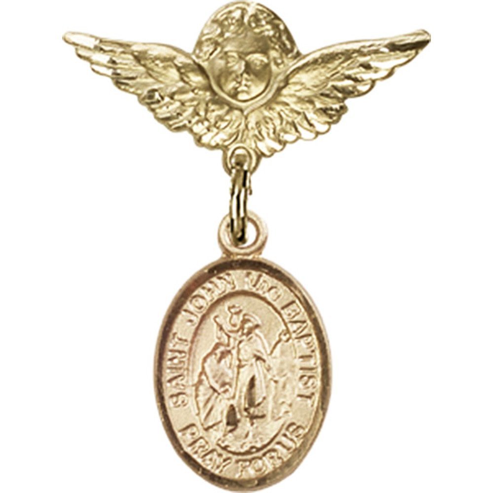 Gold Filled St. John The Baptist & Angel Wing Charm Baby Badge Pin - 1 X 3/4 Inches - Perfect for Christening Gifts, Baby Showers & Religious Keepsakes