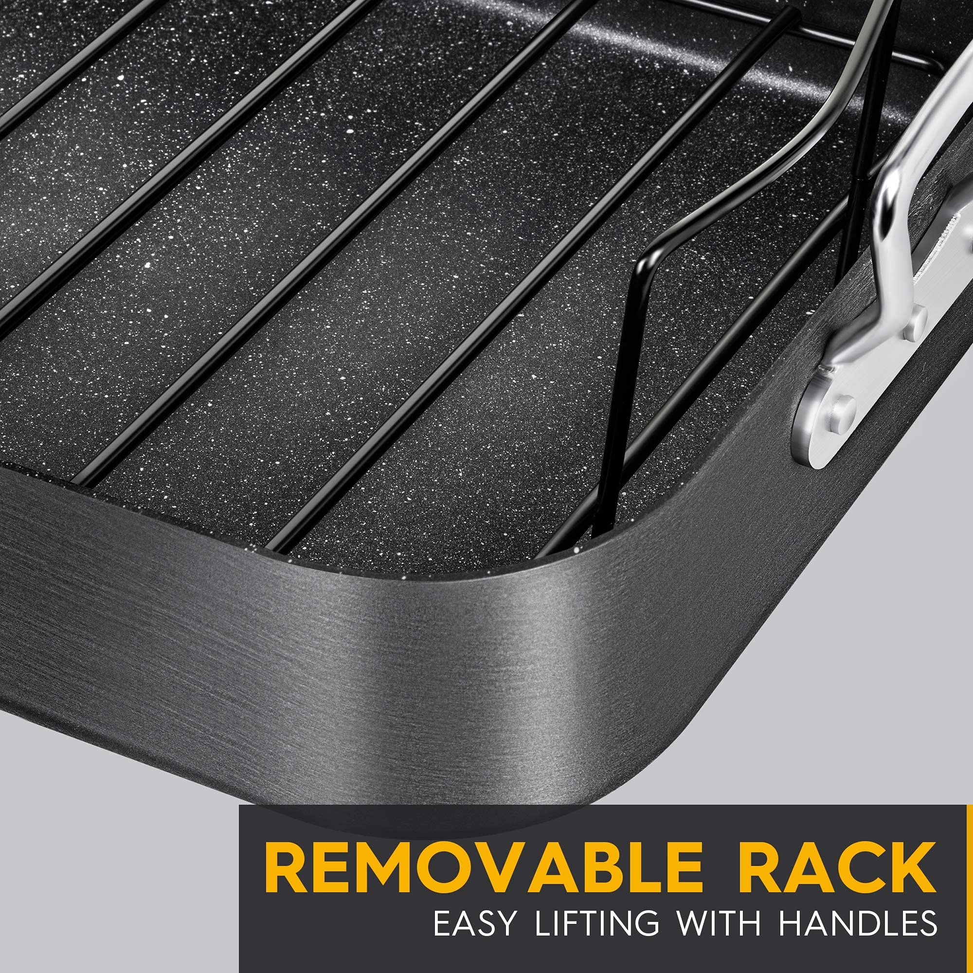 MICHELANGELO 16x12 Inch Nonstick Hard Anodized Turkey Roasting Pan with Rack - Large Oven Safe Roaster for Thanksgiving, Christmas, and Holiday Cooking - Perfect for Roasting Turkey, Chicken, Beef, and Vegetables